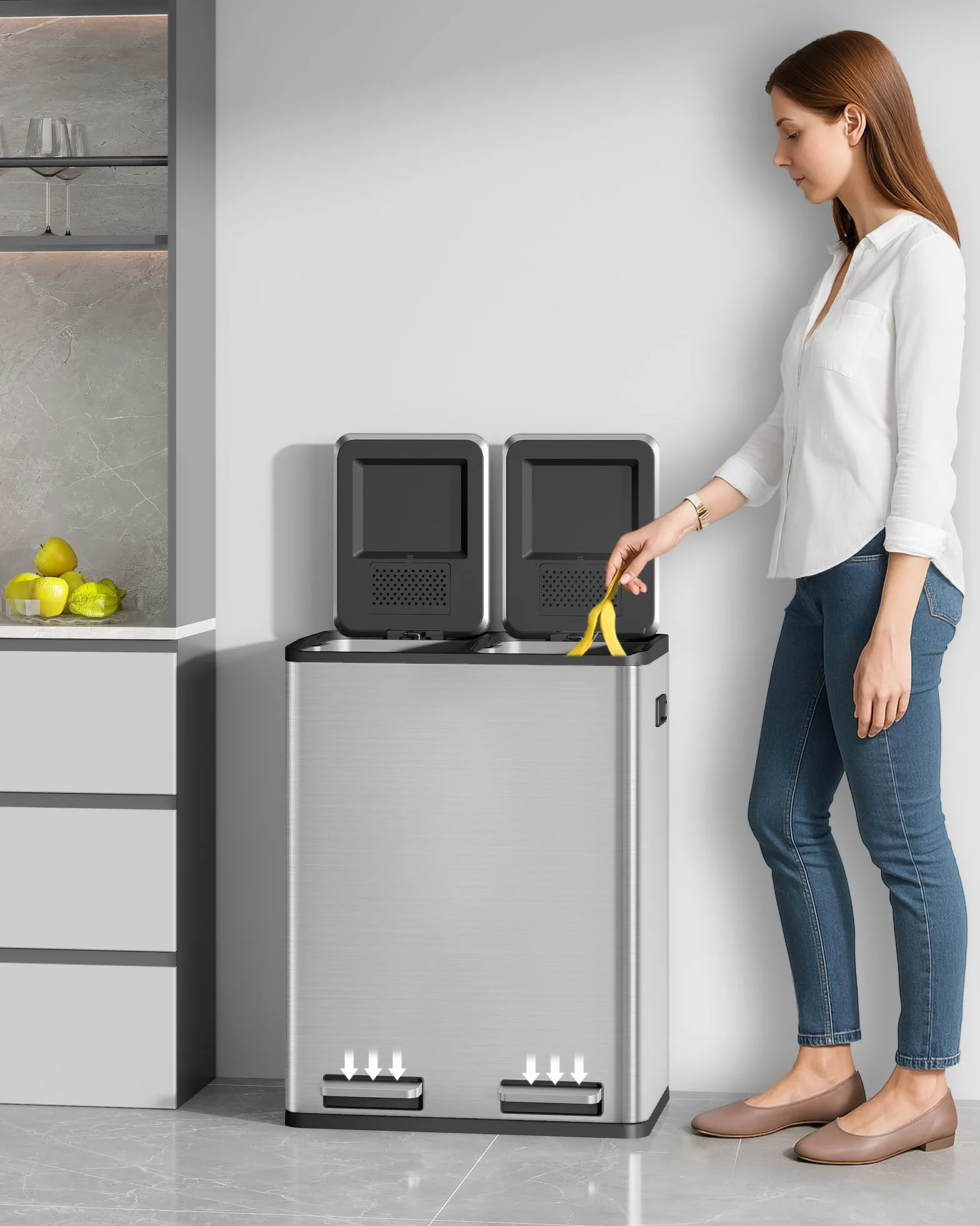 Hzuaneri Kosz na śmieci, system segregacji odpadów, 2 komory, 60 l (2 x 30 l), stal nierdzewna, kosz na śmieci z pedałem, cichy i wolno opadający, z 15 ekskluzywnymi workami na śmieci, srebrny
