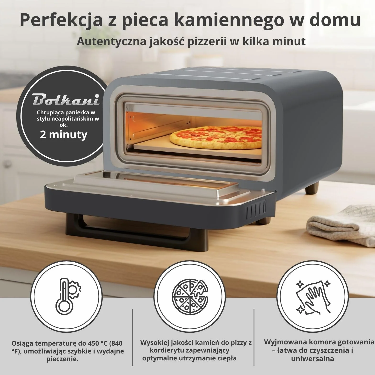 Elektryczny piec do pizzy 1700 W 450 °C z kamieniem i łopatką, timer, oświetlenie wewnętrzne, szary