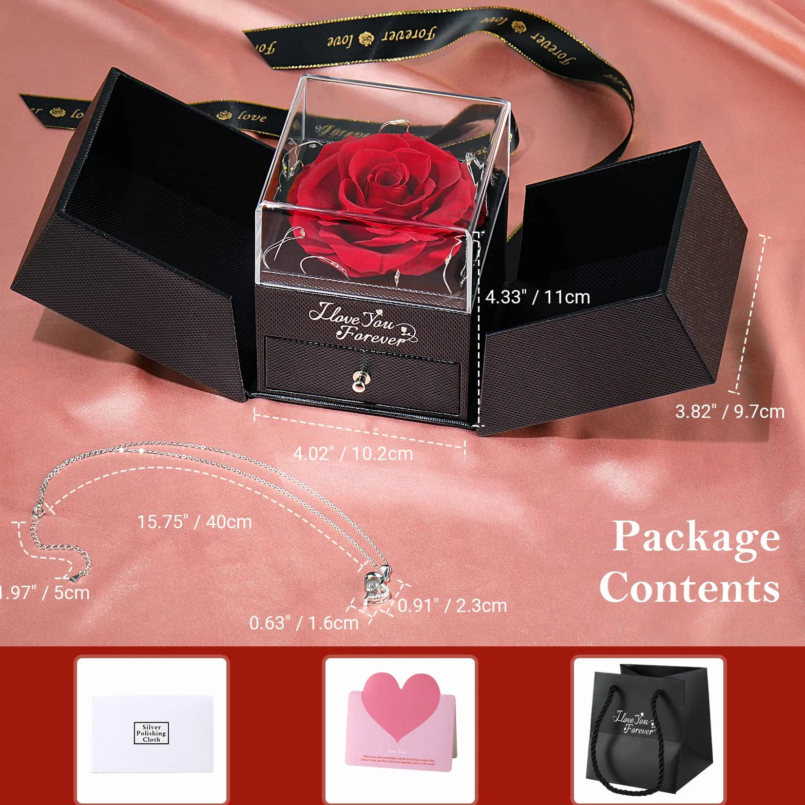 Emibele Preserved Real Rose S925 Sterling Silver Necklace I Love You 100 Languages Eternal Rose Box Music Lights Romantic Birthday Gifts Women