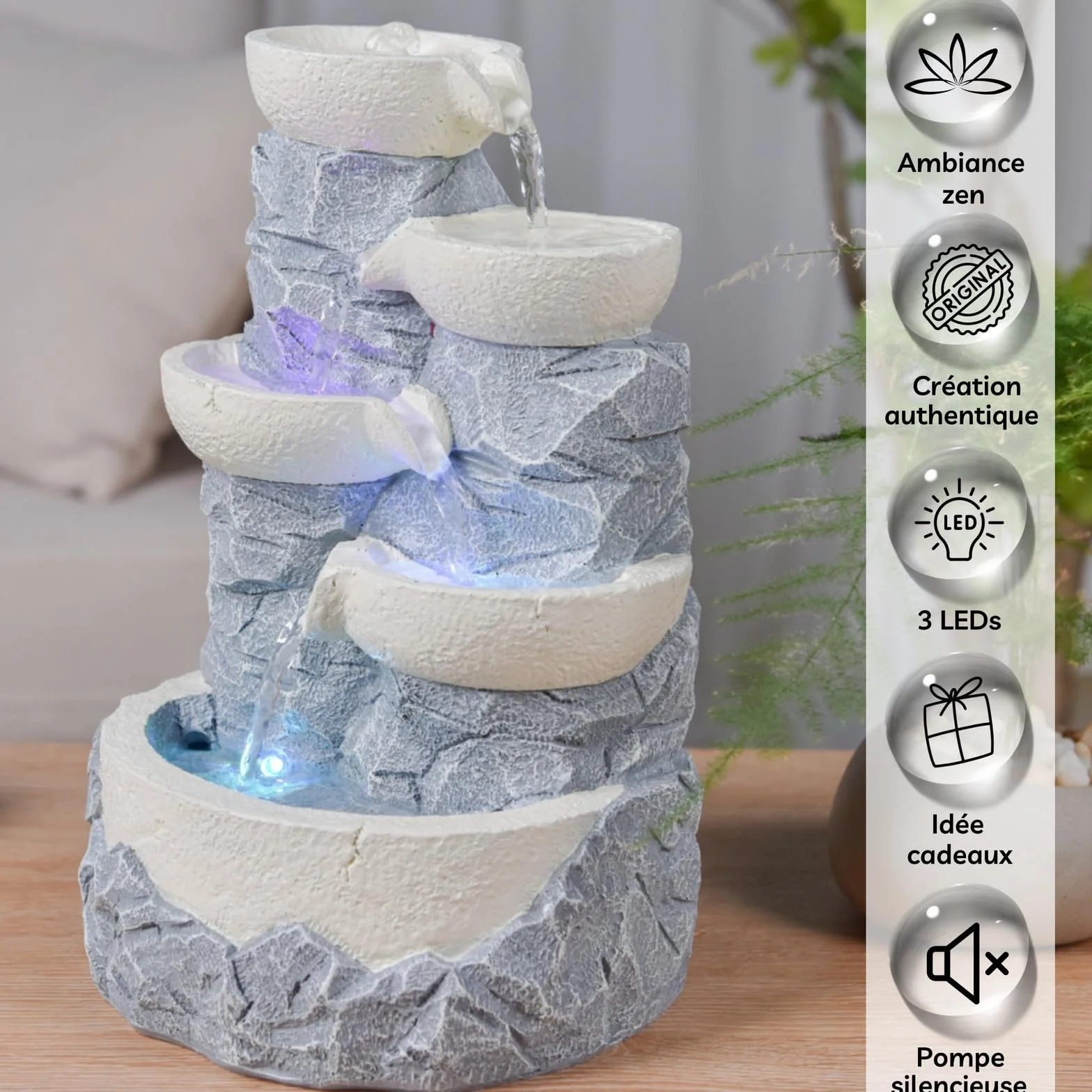 Zen'Light SCFR22-F6 wewnętrzna wodospad 4 poziomy słoik efekt kamienia naturalnego kolorowe diody LED, dekoracja wnętrz Zen i odpoczynek, fontanna stołowa, H 31cm - Ganda Zen'Light, Szary