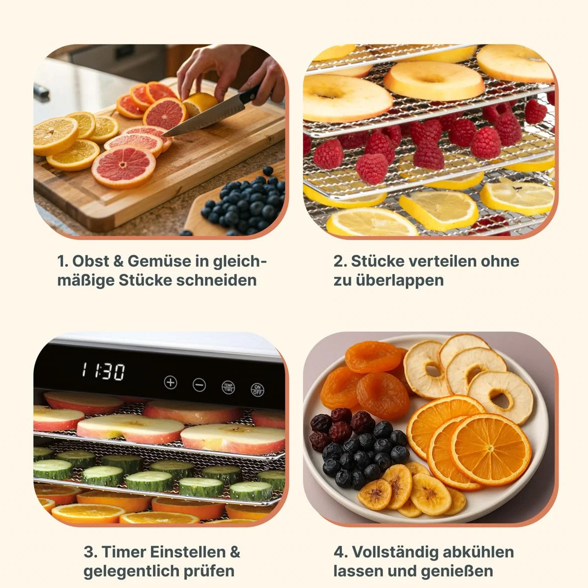 ProfiCook® PC-DR 1218 suszarka do włosów, stal nierdzewna, regulator temperatury 35-75°C, nie zawiera BPA, funkcja timera, 6 poziomów, wyświetlacz LED, obsługa dotykowa, owoce, mięso, owoce, 650 W,