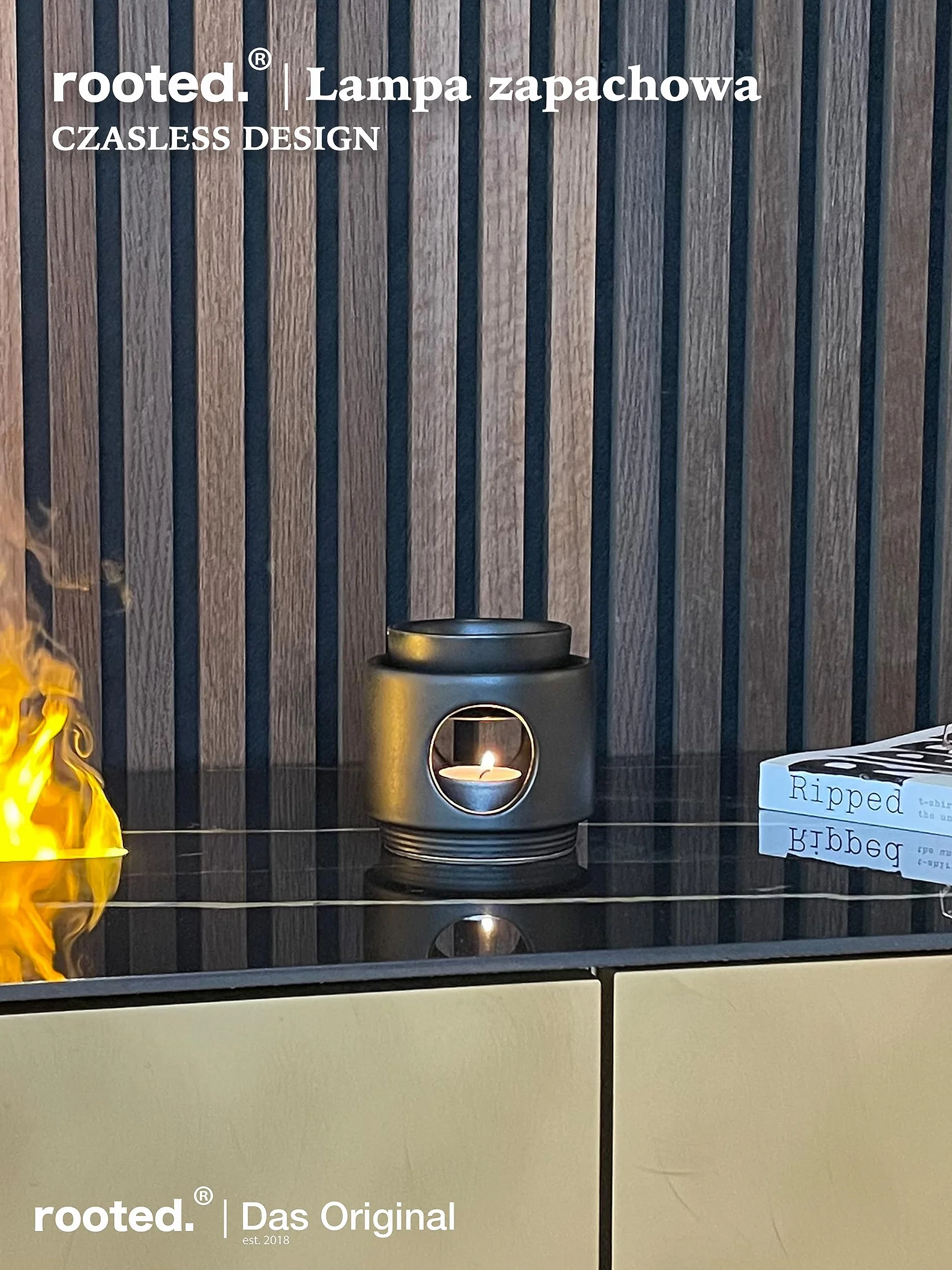 rooted.® | Lampa zapachowa Ambiente na świeczkę tealight | Designowa lampa aromatyczna z ceramiki | Podgrzewacz do olejków eterycznych, olejków zapachowych i wosków zapachowych | Matowa czerń