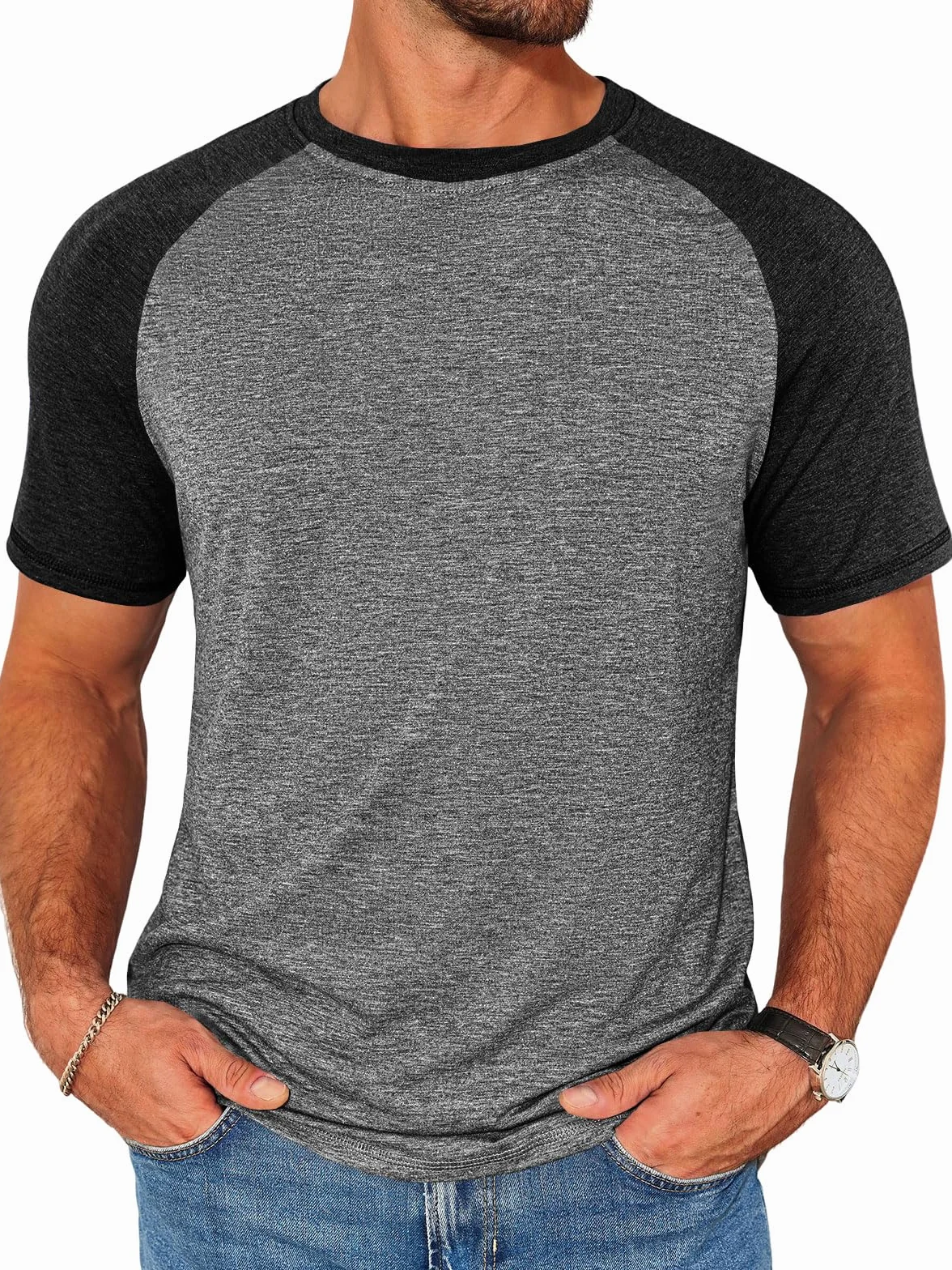 Runcati Męski T-shirt z krótkim rękawem, krój slim fit, koszulka męska na lato, okrągły dekolt, rękawy raglanowe, koszulka sportowa, blok kolorów, na siłownię, do fitnessu, na co dzień