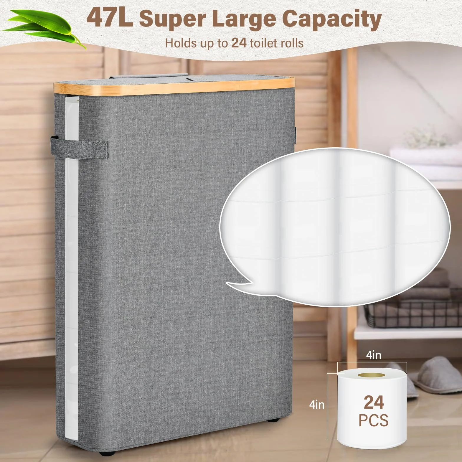 Kosz do przechowywania papieru toaletowego z pokrywką, 47 l bambusowy organizer do papieru toaletowego, organizer do łazienki, przezroczysty pojemnik na rolki papieru toaletowego z uchwytem i nóżkami