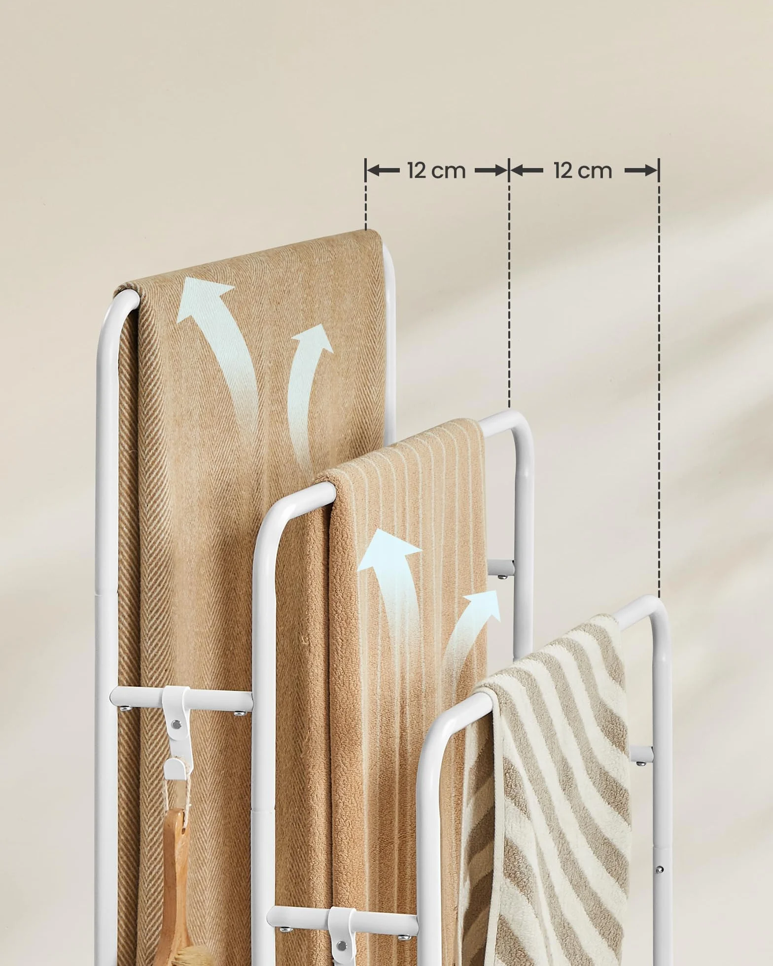 VASAGLE stojący wieszak na ręczniki 3 drążki 70x30x100 cm półka biało-naturalny beż