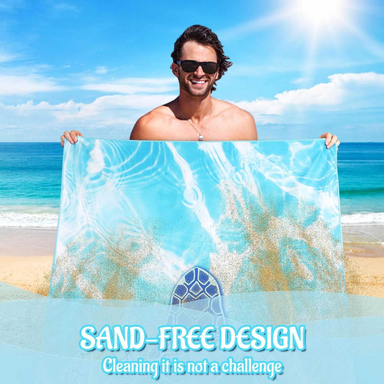 Ręcznik plażowy XXL, 90 x 180, duży ręcznik z mikrofibry, szybkoschnący, bez piasku, koc plażowy, damski (niebieski żółw)