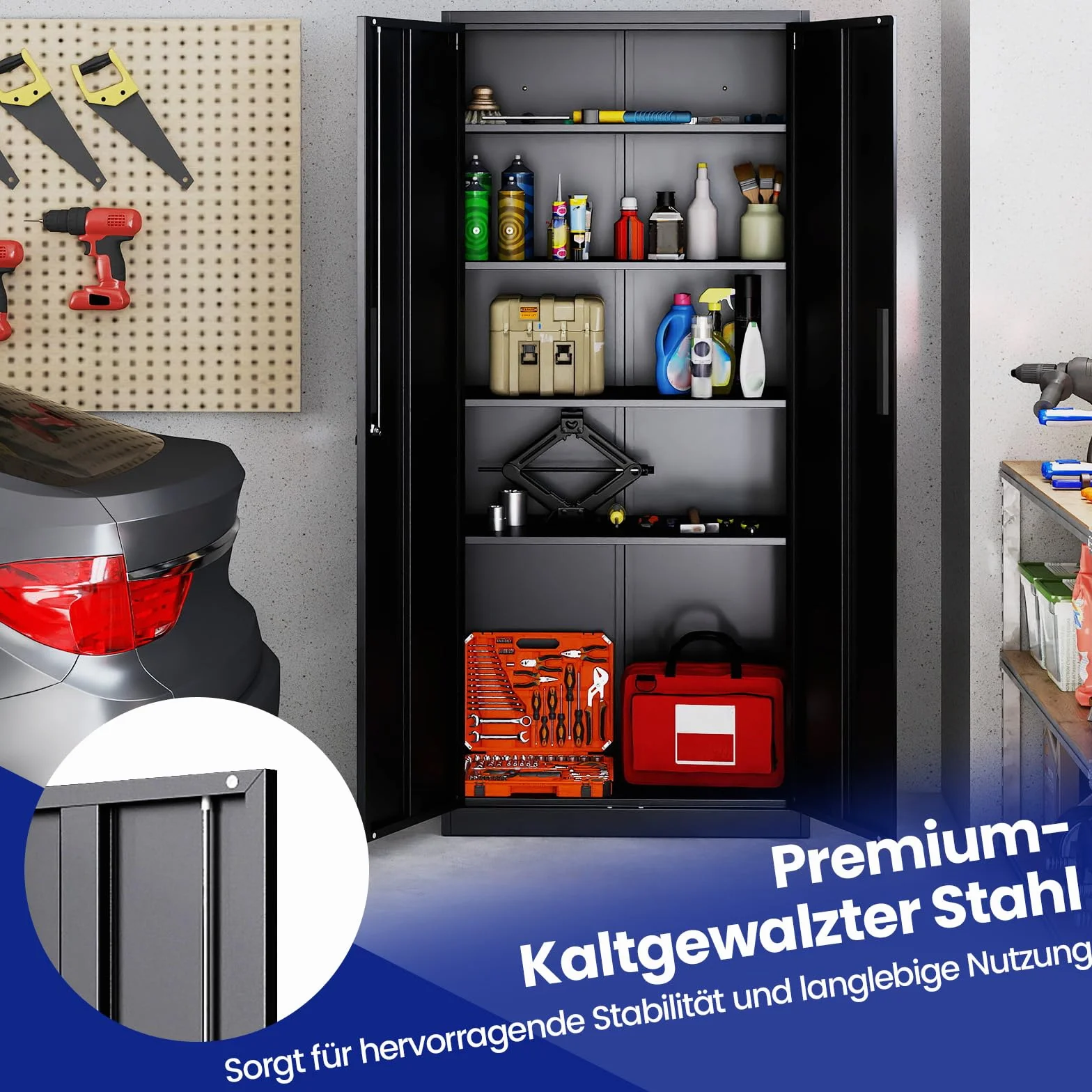 COSTWAY Szafka na akta metalowa 180 cm zamykana na klucz z podwójnymi drzwiami i 4 regulowanymi półkami