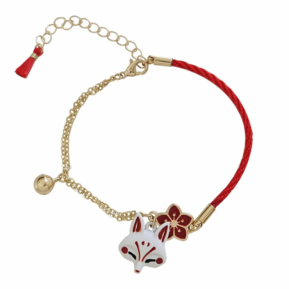 Japońska urocza czerwona sakura lis maska bransoletka dzwonek charm pół czerwona lina pół łańcuszek bransoletki dla kobiet, średnia, cynk, bez kamieni szlachetnych, Medium, Cynk, Bez kamienia