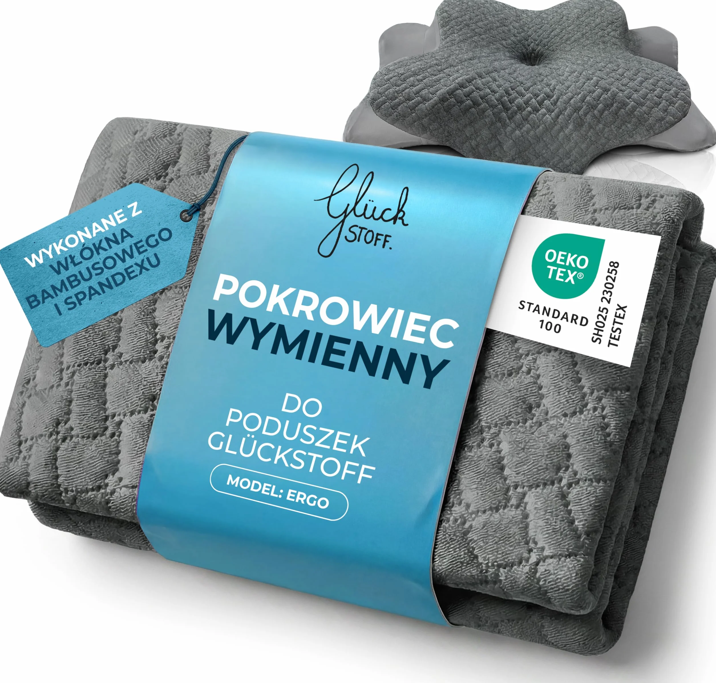 GLÜCKSTOFF® Poszewka na poduszkę ergonomiczną [Z EFEKTEM CHŁODZENIA I CIEPŁA] z włókien bambusowych i spandeksu | Miękka i Przytulna | Poszewka Zapasowa | Szary | Wersja: Ergo