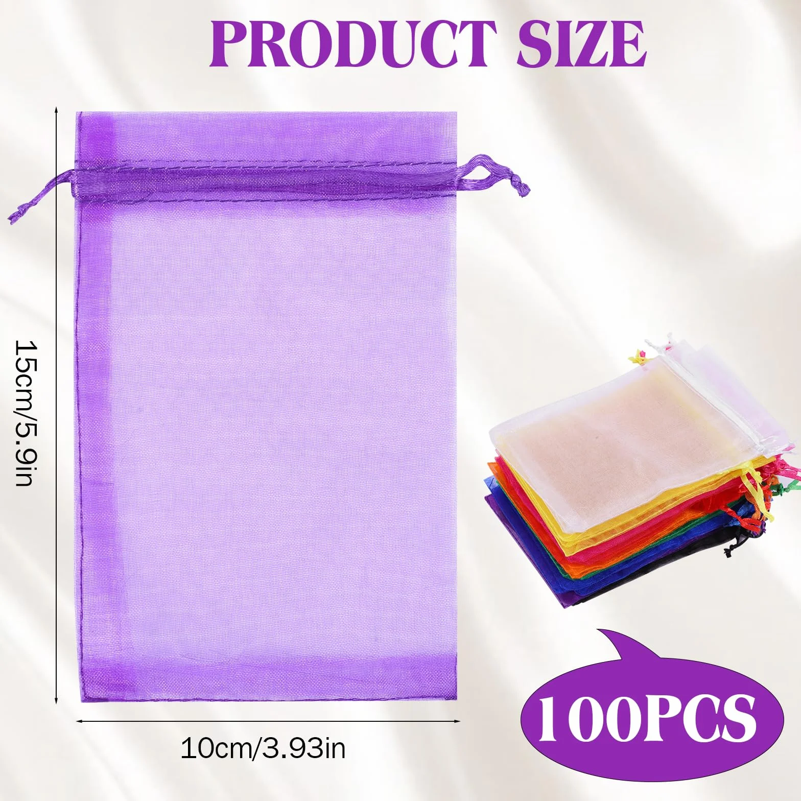 100 szt. Worki z organzy 10×15 cm, Pudełeczka Prezentowe, Biżuteria, Konfetti, Upominki Ślubne, Torebki na Imprezę, Festiwal i Wesele, Satynowy Sznurek, Rękodzieło