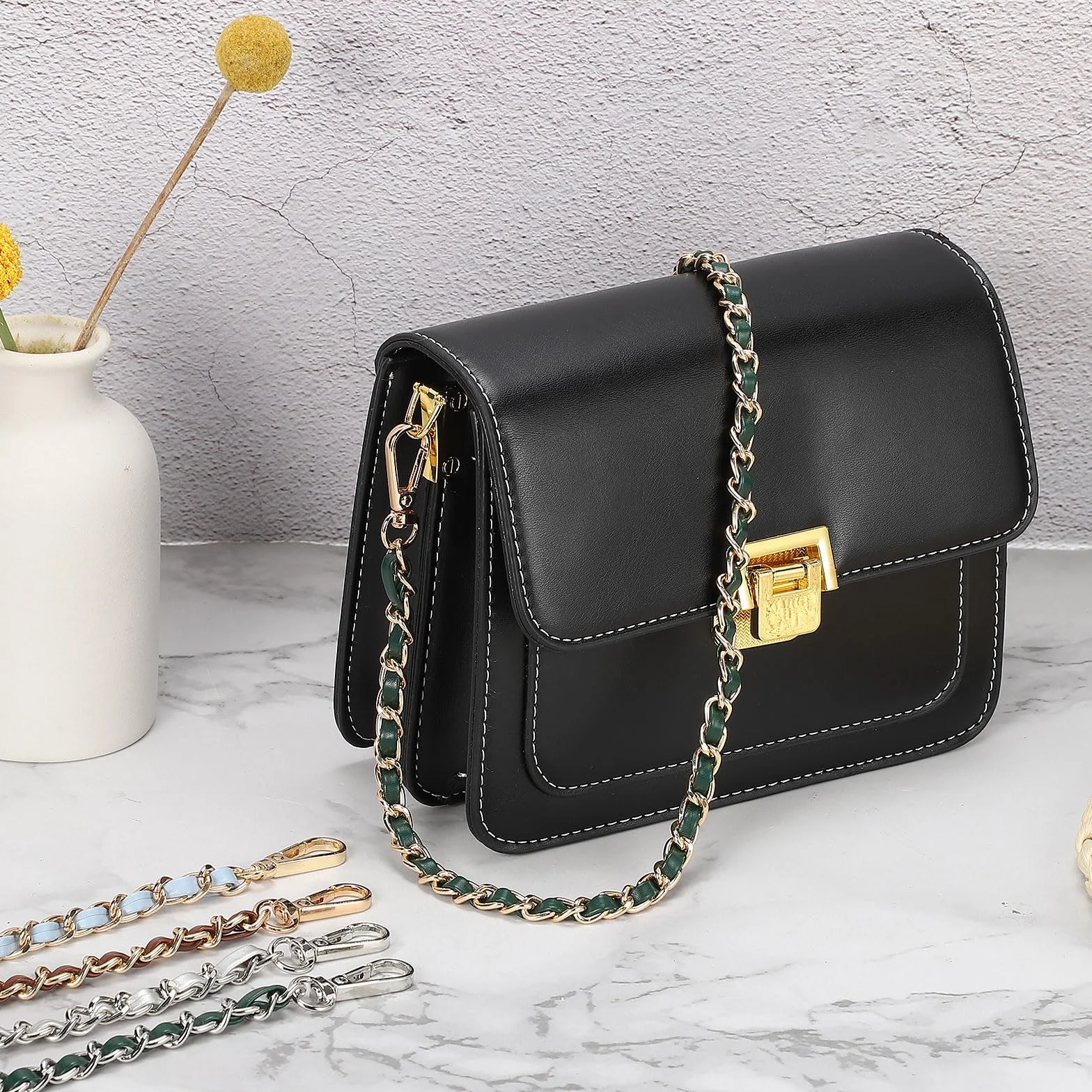 QUARKZMAN Łańcuszek do torebki, 39" skóra, żelazny pasek do torebki, pasek do torebki na ramię i torby crossbody, zapasowy pasek (brązowy pasek + złoty łańcuszek)