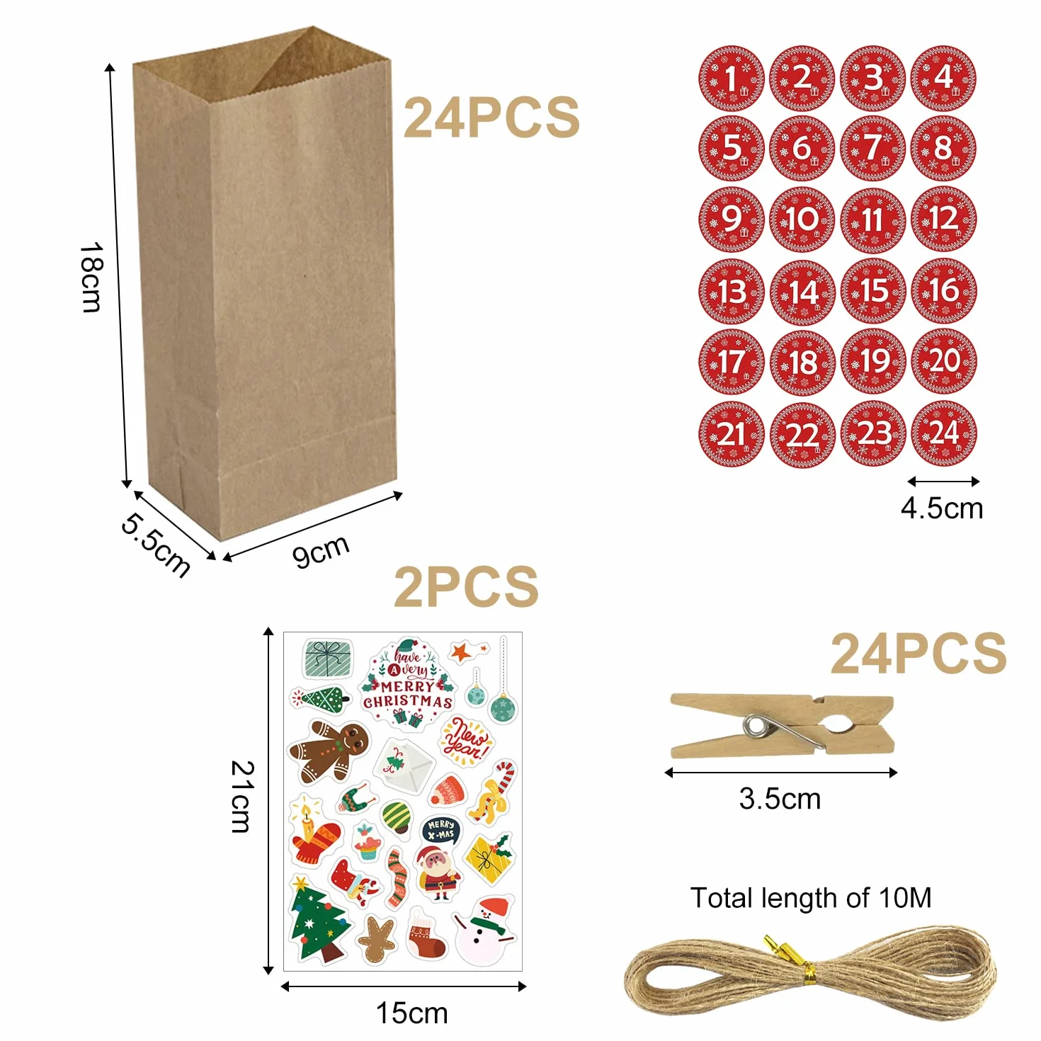 Naklejki do kalendarza adwentowego wielokrotnego użytku 24 torebki papier kraft DIY
