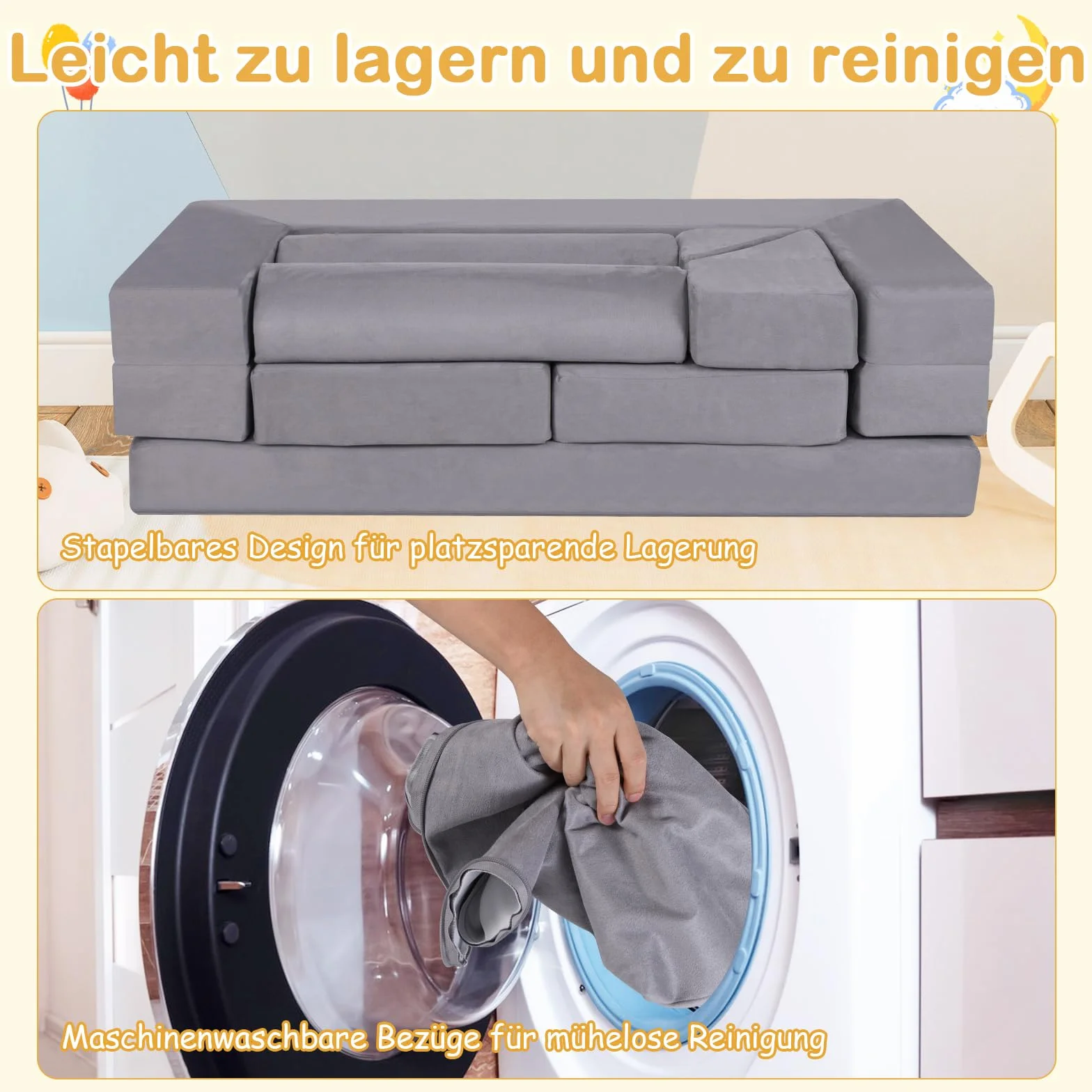 COSTWAY Modułowa sofa dziecięca 9-częściowa z pianki zamszowa szara