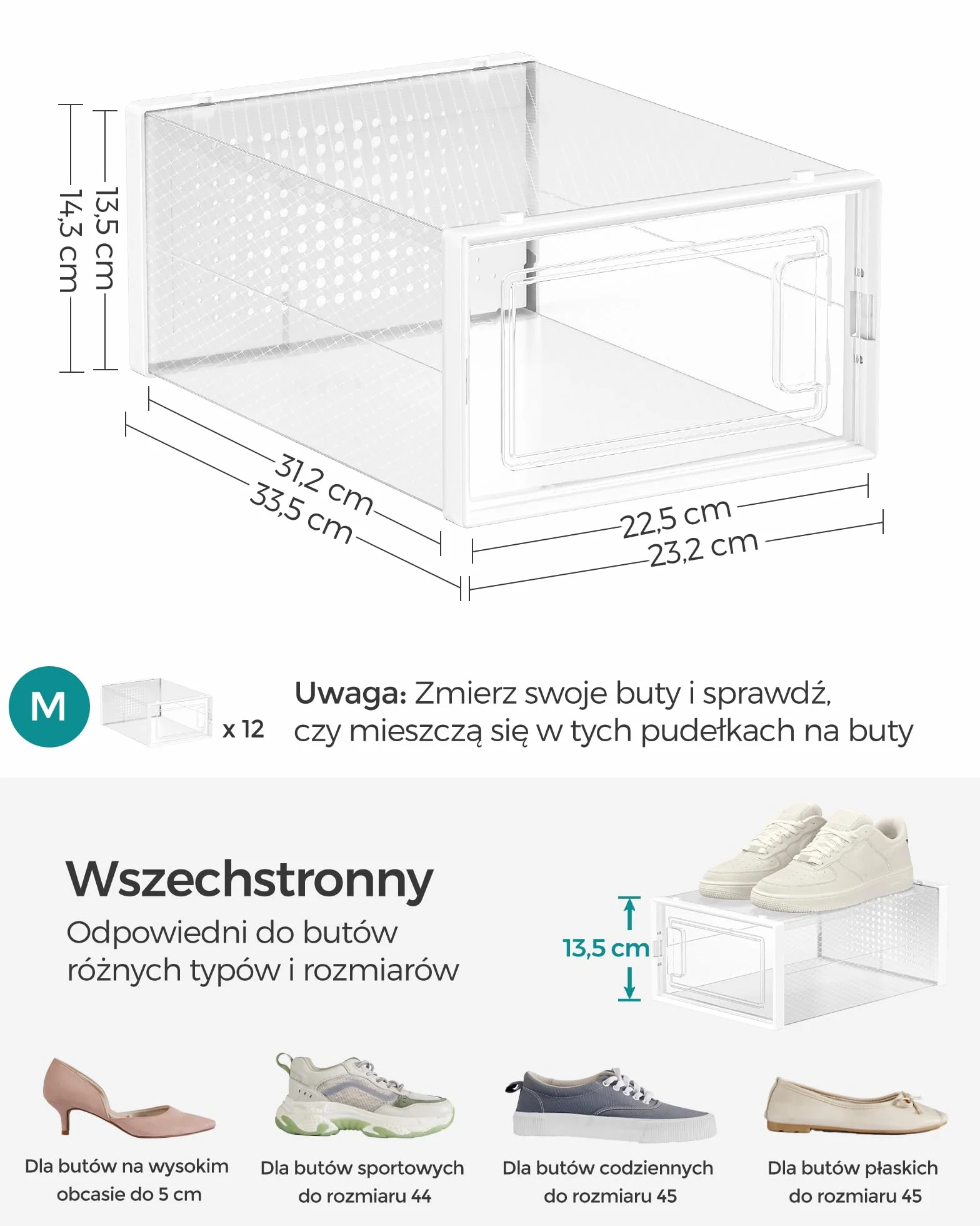 SONGMICS Pudełka na buty zestaw 12 sztuk organizer plastikowe składane układane w stosy do rozmiaru 44 przezroczysty-biały LSP12SWT