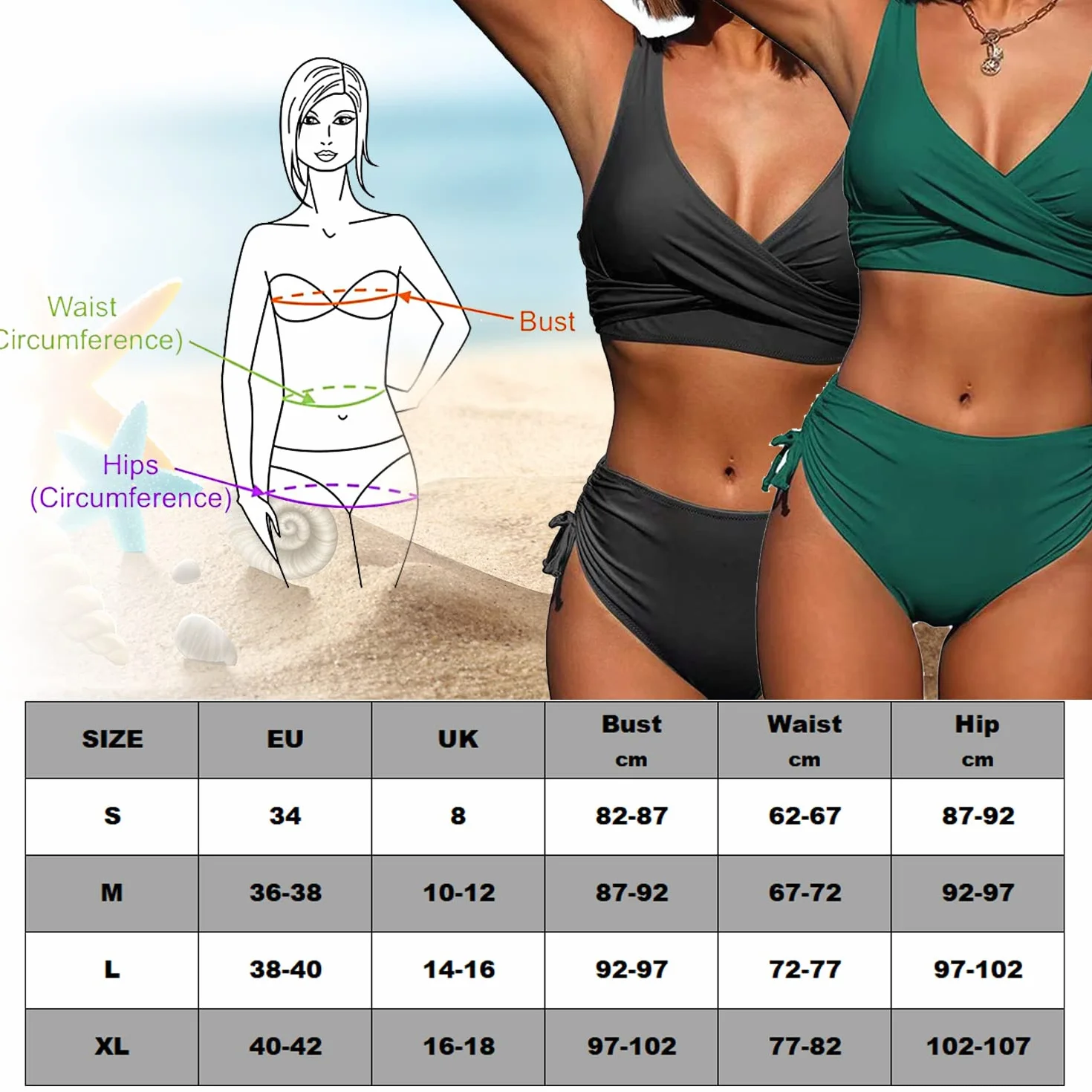 CheChury Damski zestaw bikini z wysokim stanem seksowny push up cross wrap twist front strój kąpielowy krawat boczny 2-częściowy solidny strój kąpielowy