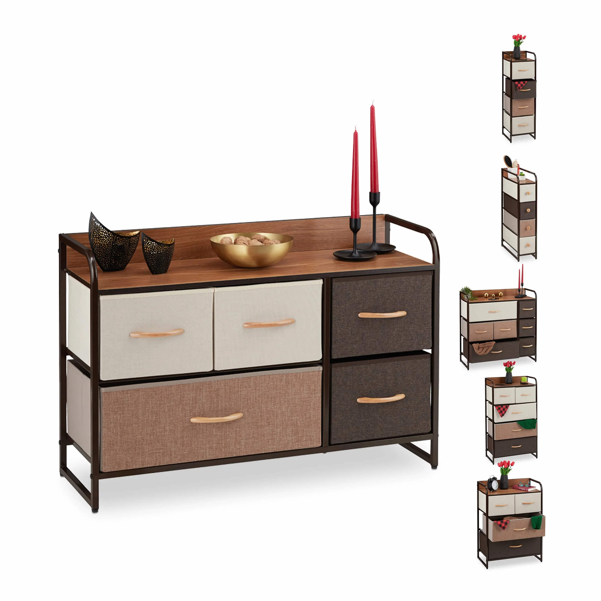 Relaxdays Komoda 5 przegródek z półką składane kosze stalowa rama 58 x 87,5 x 31,5 cm brązowy poliester MDF