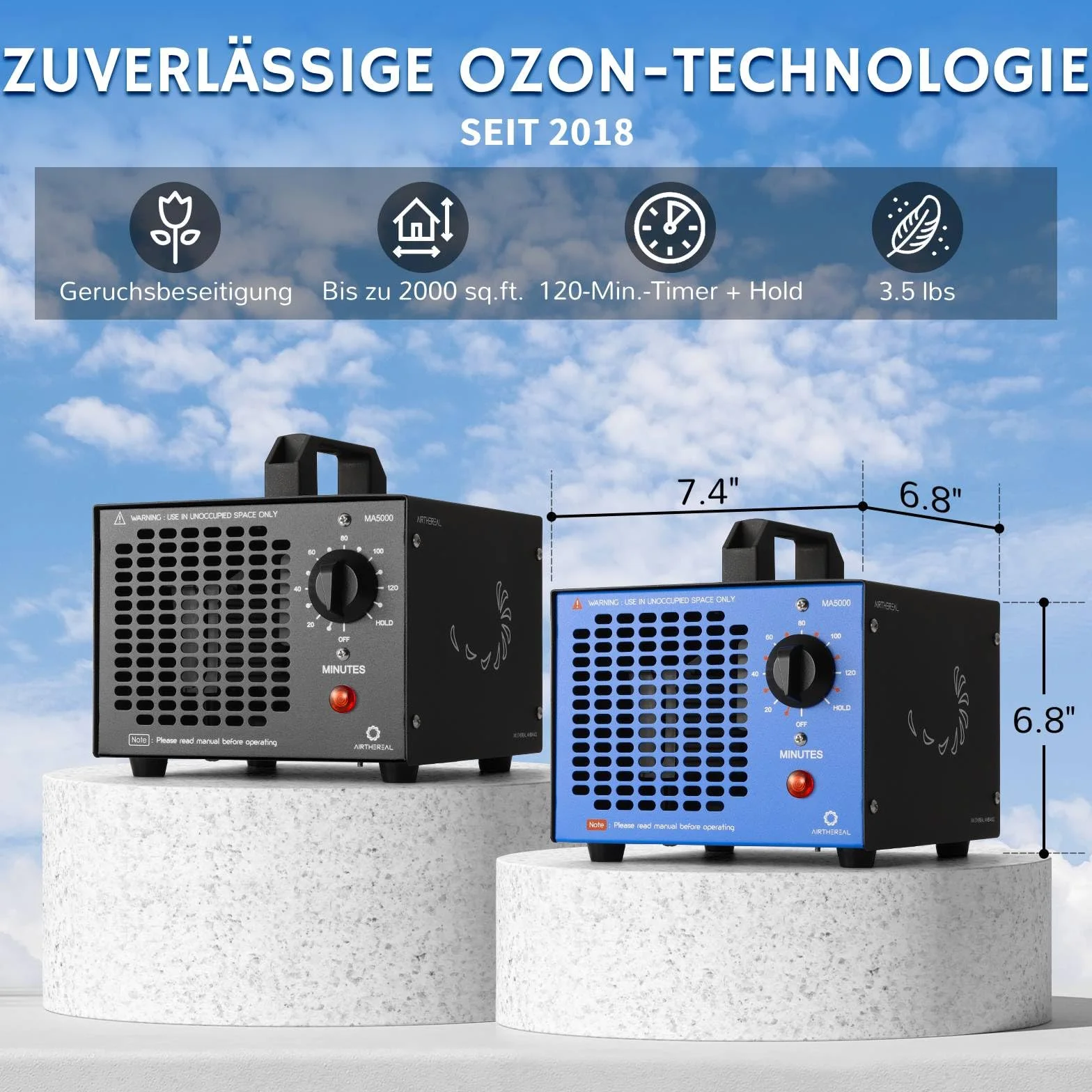 Airthereal MA5000 Komercyjny generator ozonu, ozonator z timerem, usuwa zapachy do 300 m², niebieski