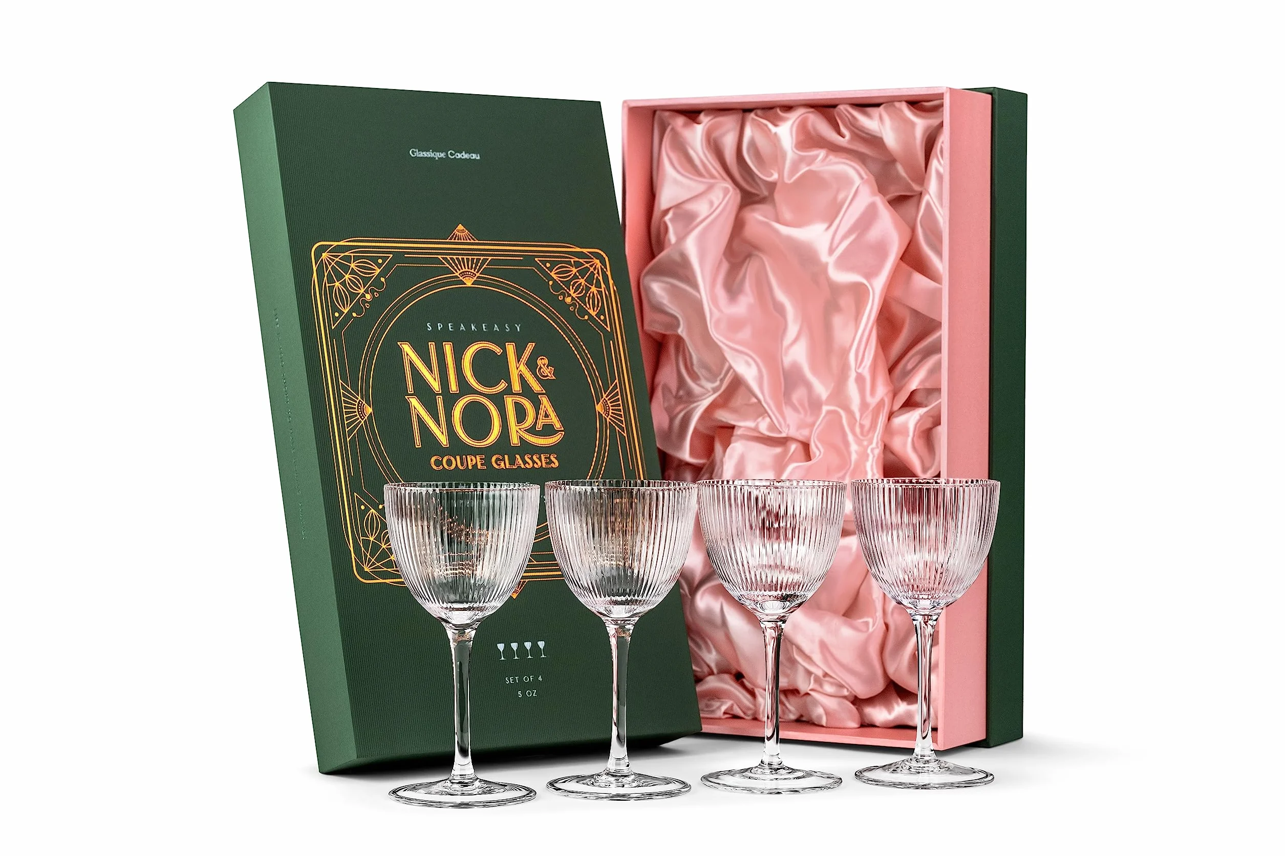 GLASSIQUE CADEAU Kieliszki Nick and Nora Coupe w stylu vintage, art deco, zestaw 4 sztuk, 150 ml, kryształowe, prążkowane kieliszki ginowe koktajlowe do picia klasycznych napojów barowych, retro