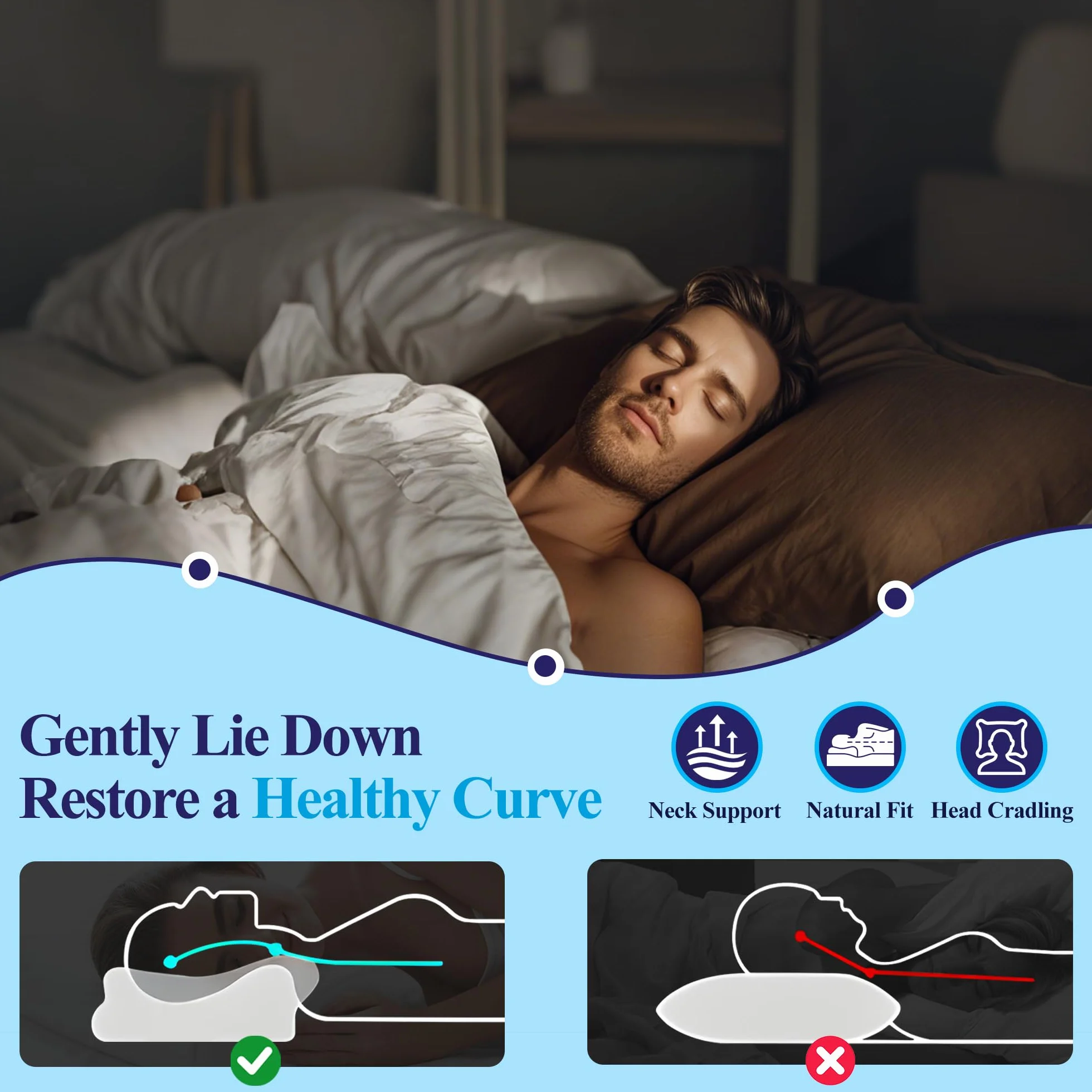 Poduszka Szyjna Memory Foam - Regulowana Poduszka Ortopedyczna z Pianką do Spania, Ergonomiczne Wsparcie Przeciw Bólowi i Chrapaniu, Pokrowiec Nadający się do Prania (60x35x10-12 cm)