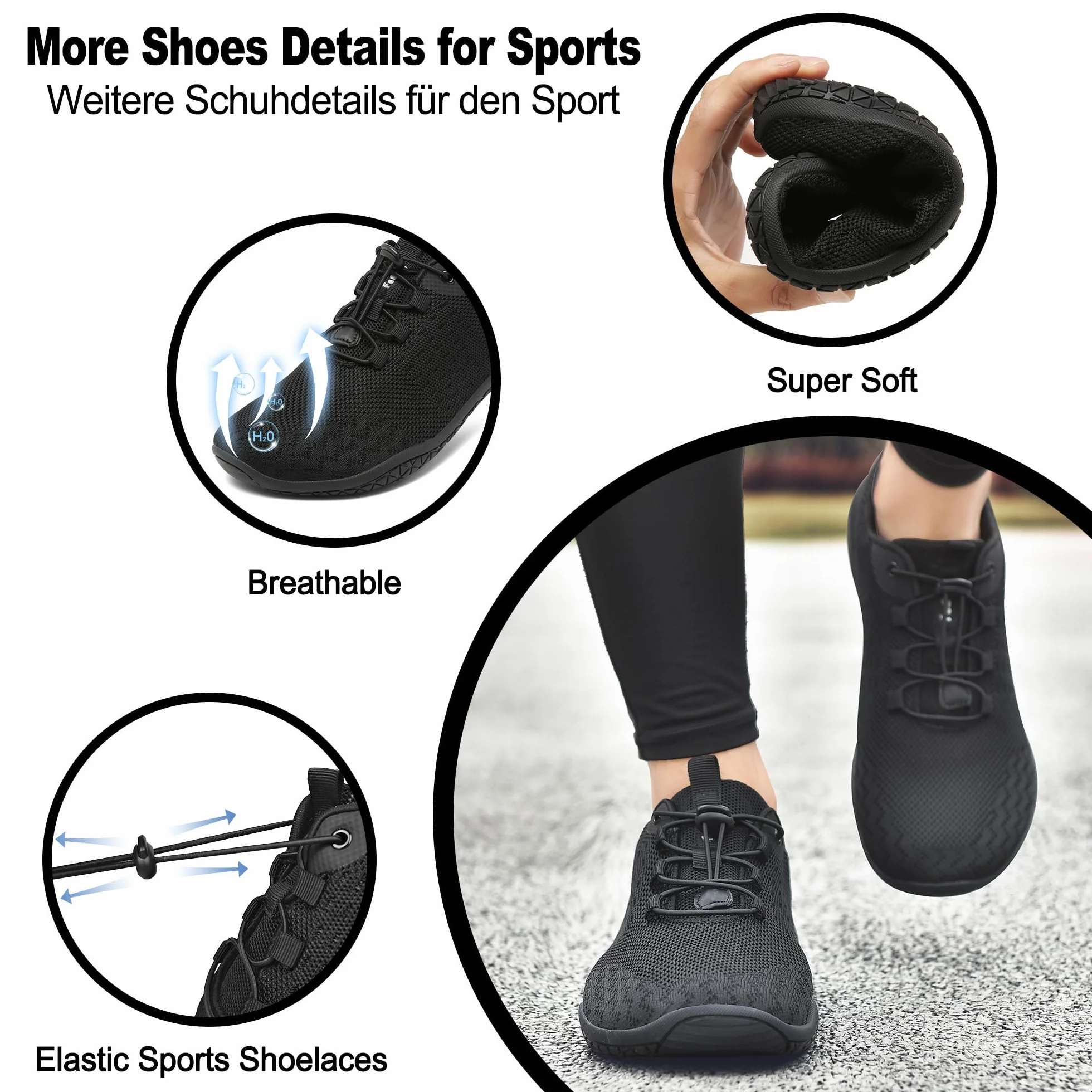 Geweo Buty Barefoot Mężczyźni Kobiety Lato Barefoot Shoes Szeroką Skrzynką na Palce Lato Oddychające Buty do Biegania Buty do Treningu Lekkie Wygodne Buty Fitness Sneaker Unisex Czarny 44EU
