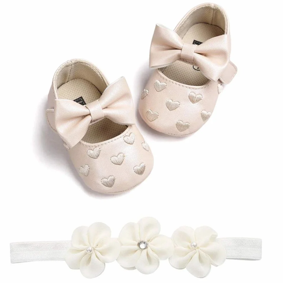 EDOTON 2 szt. buty dla małych dzieci + opaska na czoło dla dziewczynek, miękkie buty antypoślizgowe na specjalne okazje, chrzest, wesele, imprezy okolicznościowe, - A khaki - 19 EU