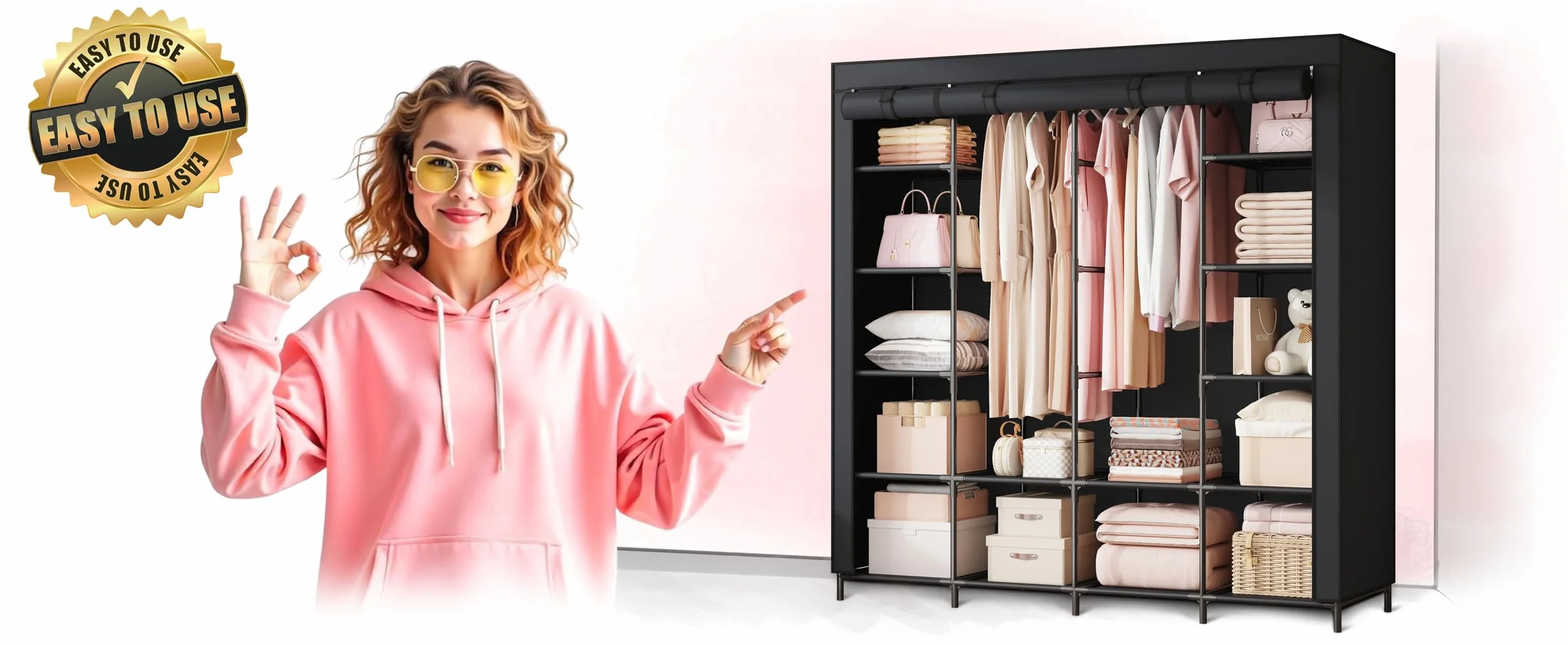 Szafa Tekstylna Składana Materiałowa 14 Półek 1 Drążek Stalowy 170x45x170 cm Czarna