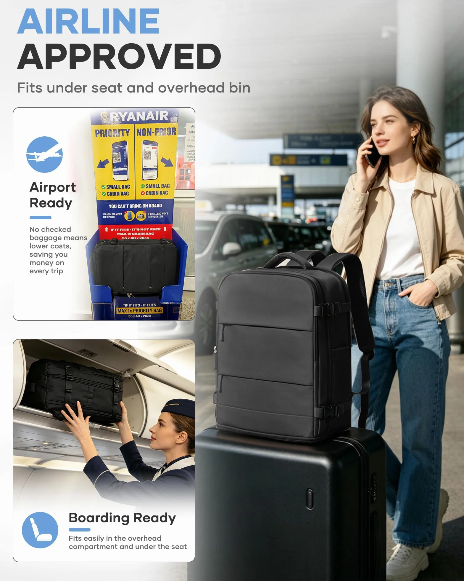 BJLFS Torba Kabinowa Ryanair 40x20x25 Podróżna do Samolotu Bagaż Podręczny Plecak Próżniowy z Pompką Elektryczną Bagaż Podręczny 40x30x20 Plecak do Ryanair Wodoodporna Torba na Laptopa