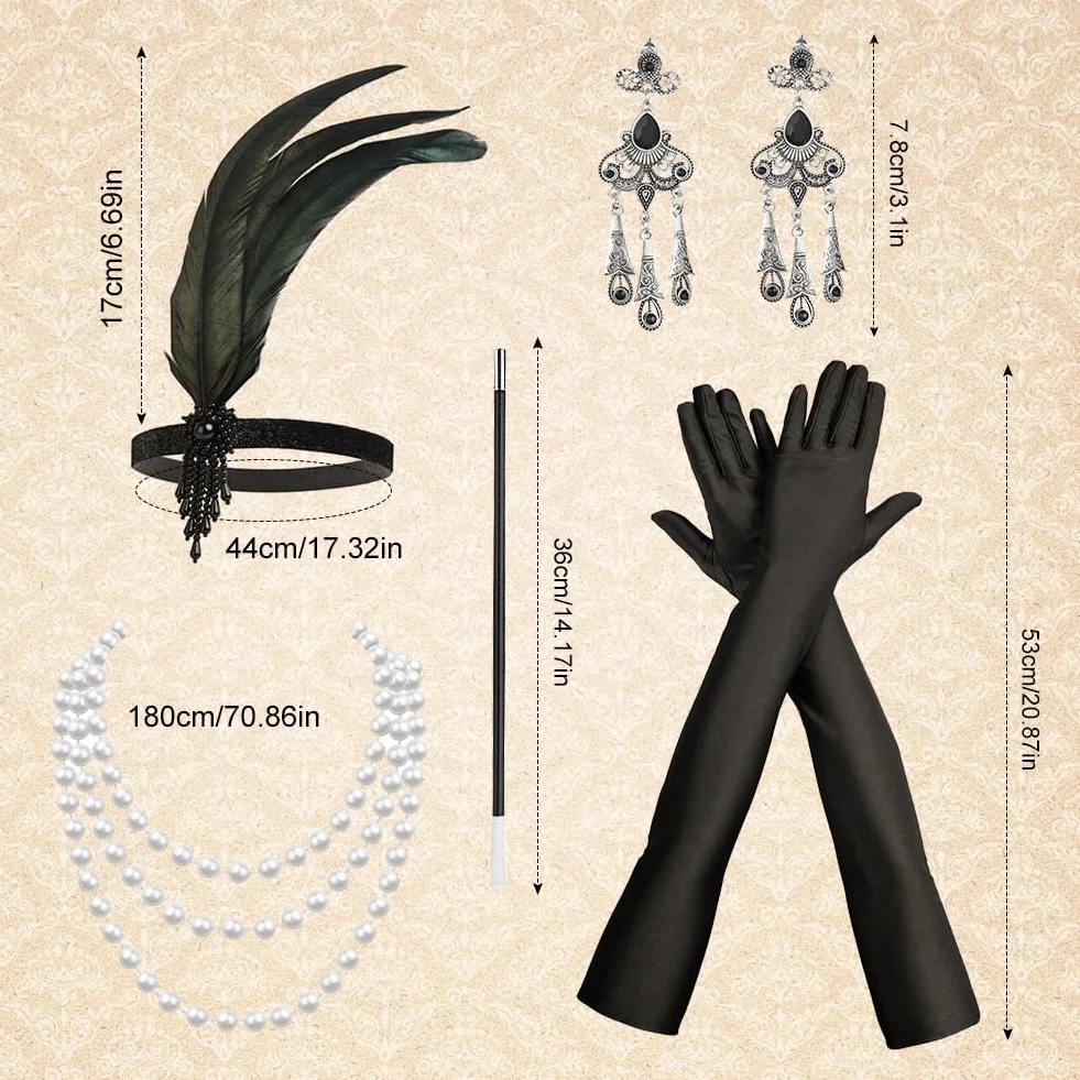 Akcesoria damskie 20-te z lat 20. XX wieku, akcesoria dla kobiet, duży zestaw kostiumów Gatsby, kolczyki z pałąkiem z lat 20. XX wieku naszyjnik z pereł klapki rękawiczki i pałąk papierosowy
