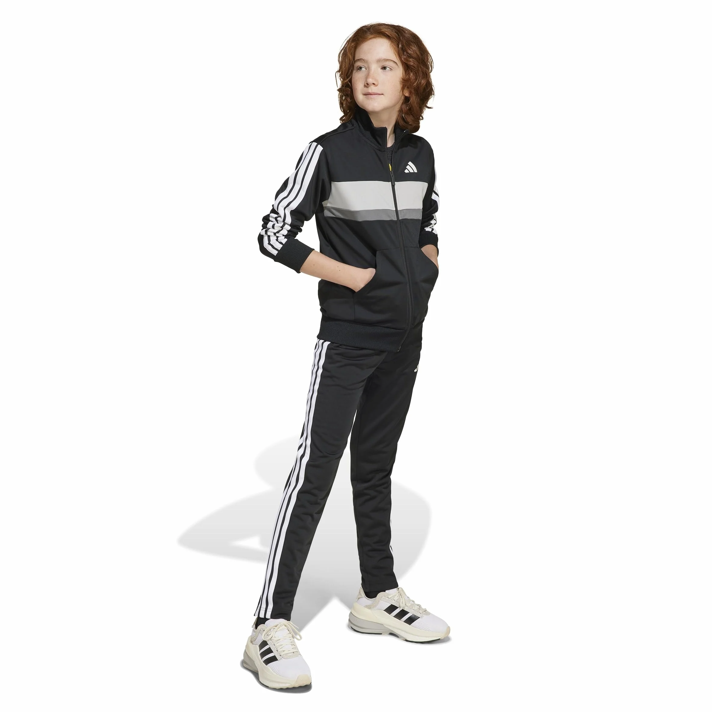 adidas Uniseks - dzieci Seasonal Essentials Tiberio 3 Stripes Tricot Track Suit, Black/White/Grey Two, 9-10 Years