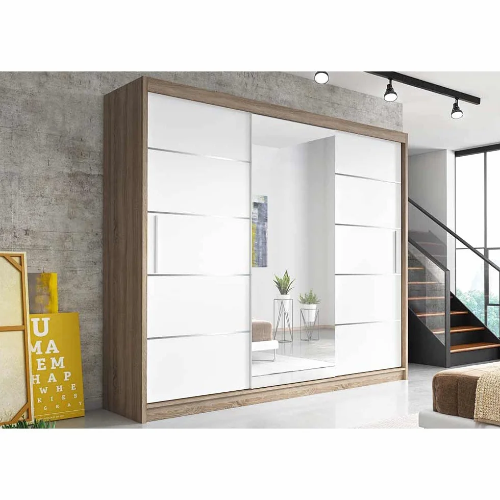 Szafa z 3 drzwiami przesuwnymi biała 233 cm lustro drążek na ubrania ML Furniture M23