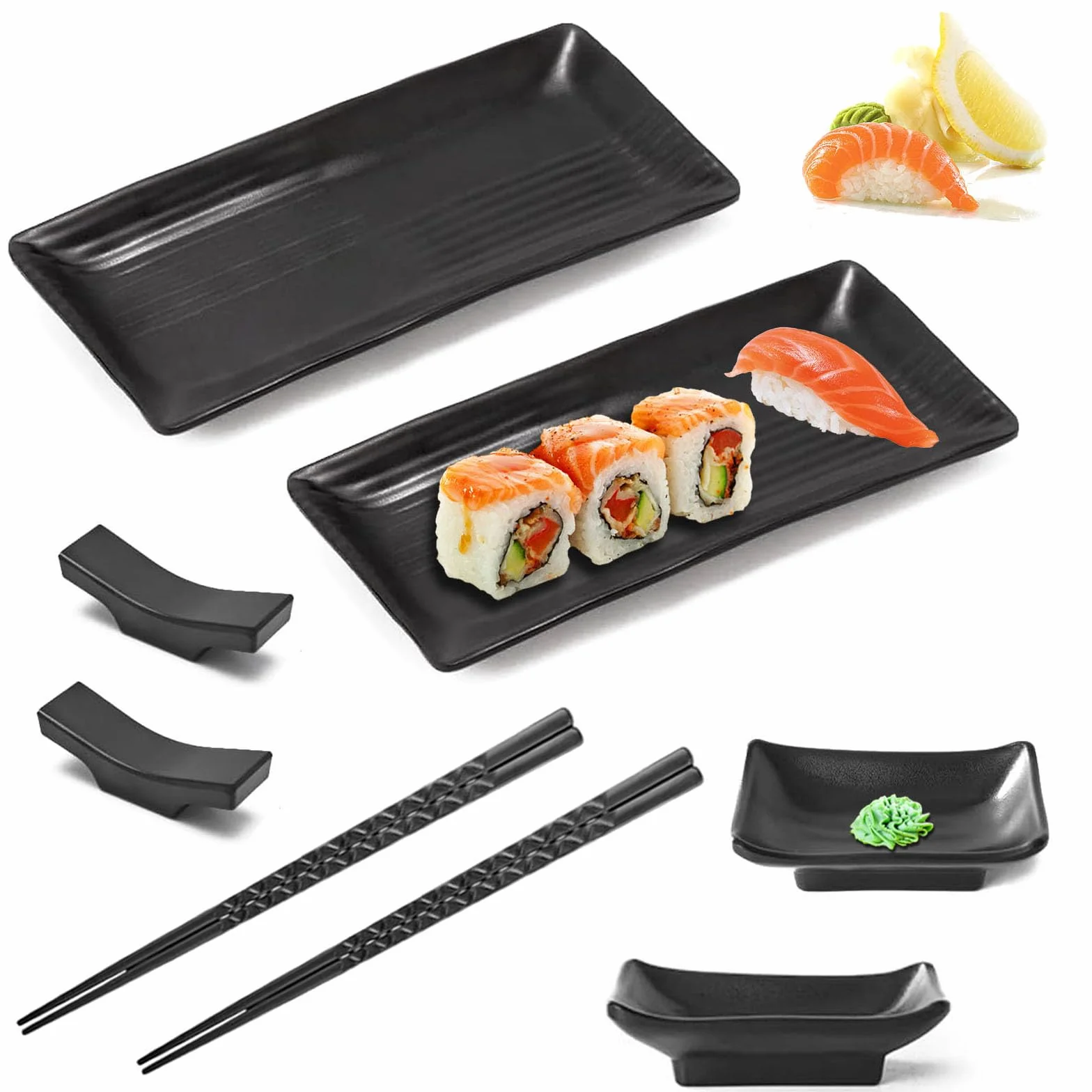 Zestaw 8 japońskich naczyń do sushi, talerze z miseczkami do dipów, 2 pary pałeczek, 2 półki