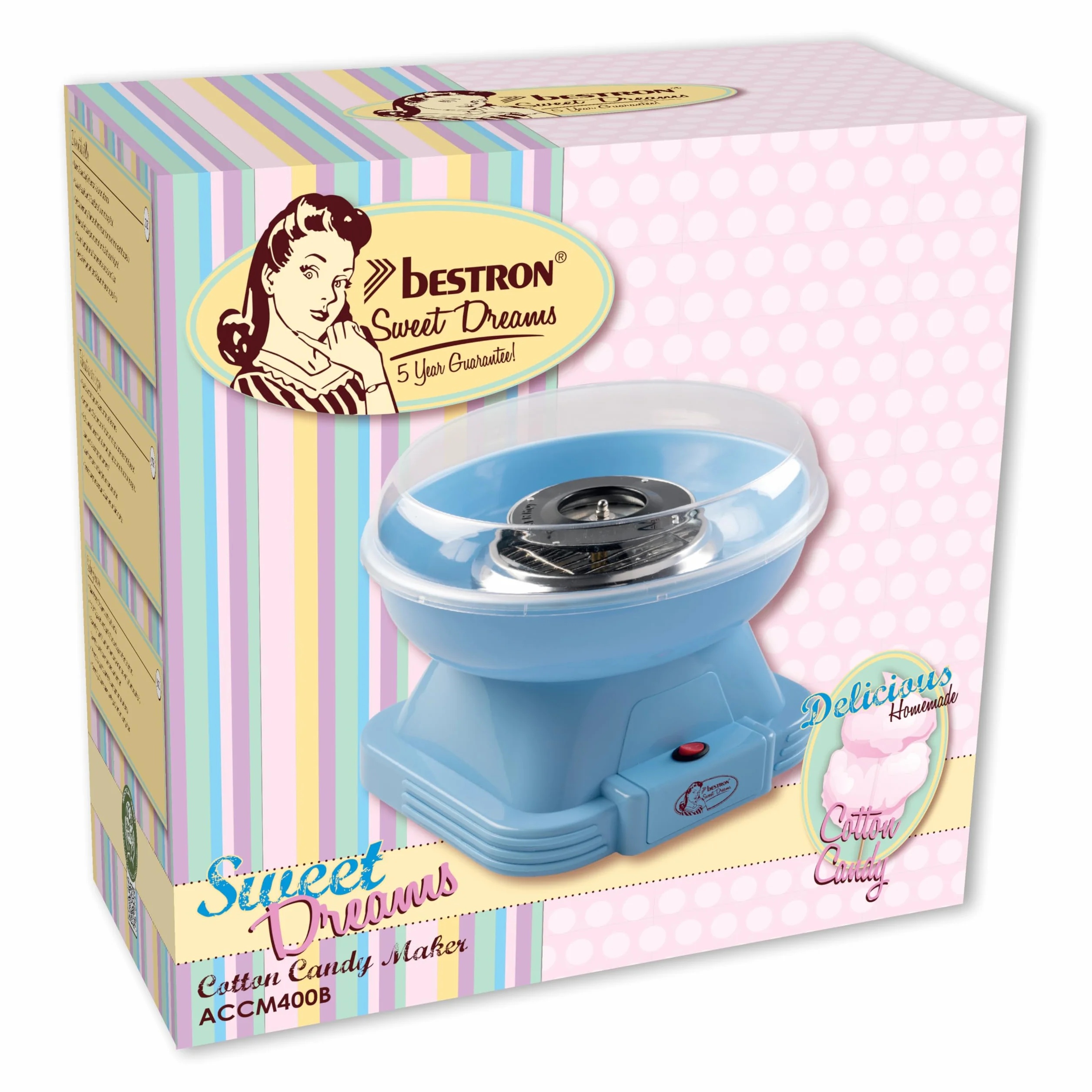 Bestron Retro Maszyna do waty cukrowej, Cotton Candy Maker z pałeczkami i łyżeczką