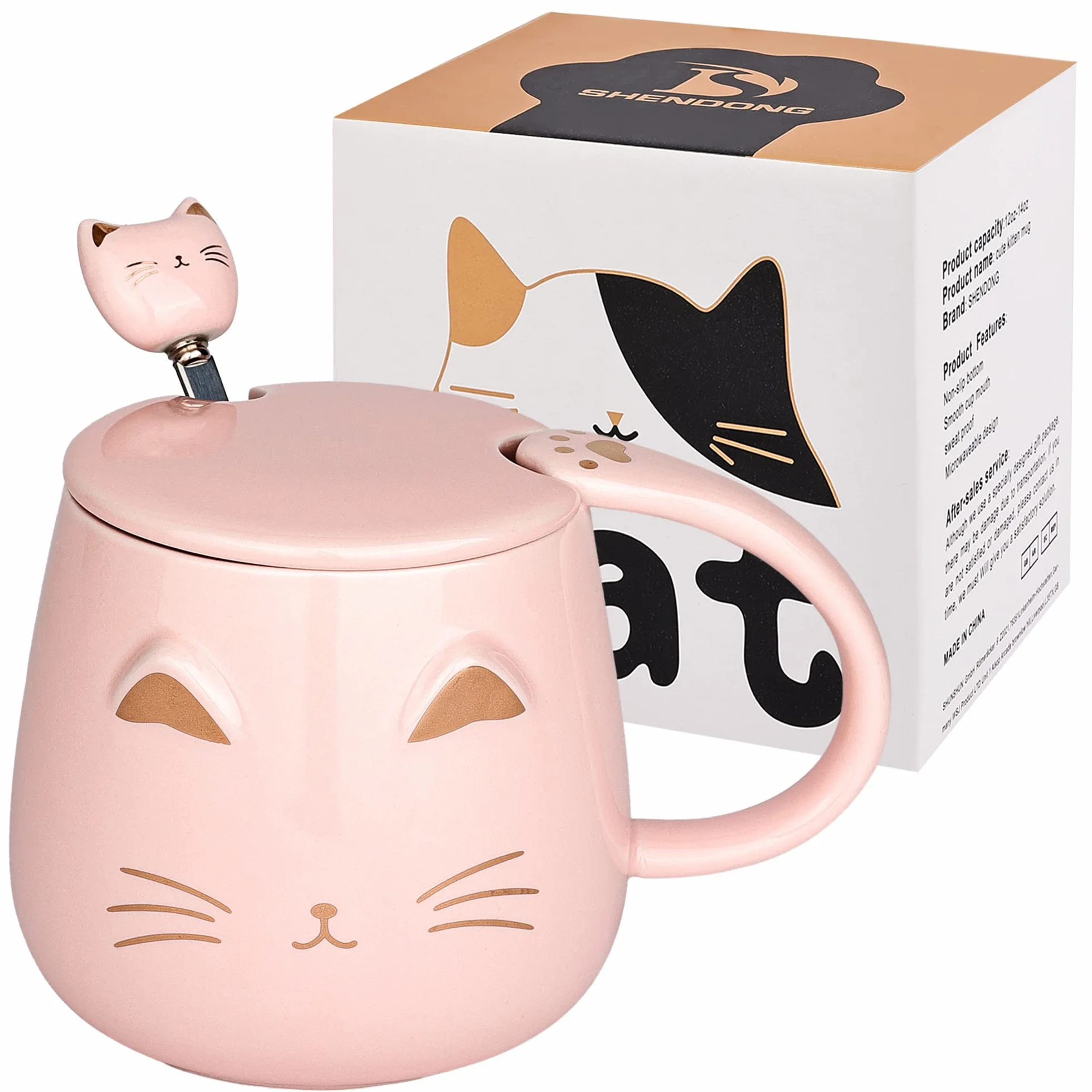 SHENDONG ceramiczny kubek z kotem Kawaii z pokrywką i łyżką ze stali nierdzewnej