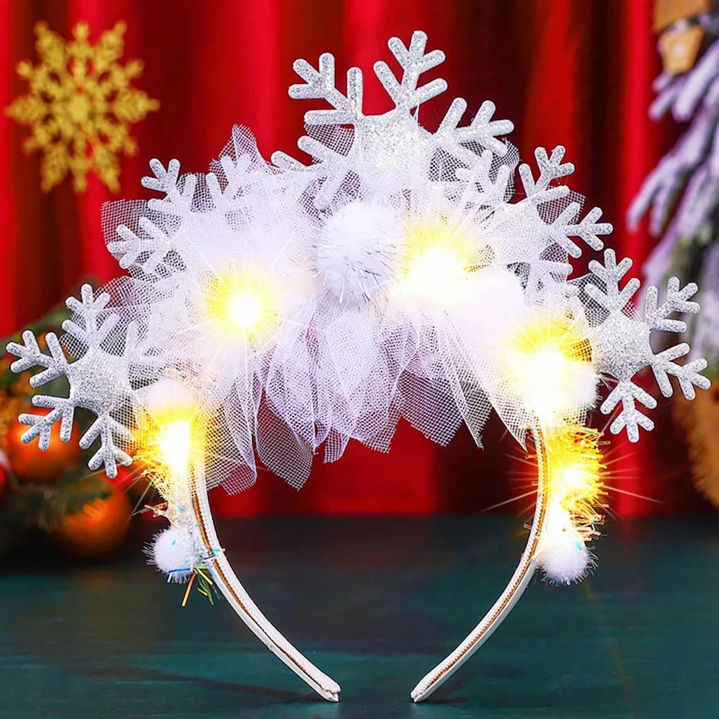 Zoestar Świecąca opaska na głowę w kształcie płatka śniegu biała LED świąteczne opaski na głowę pompony Boże Narodzenie nakrycie głowy festiwal kostium akcesoria do włosów dla kobiet