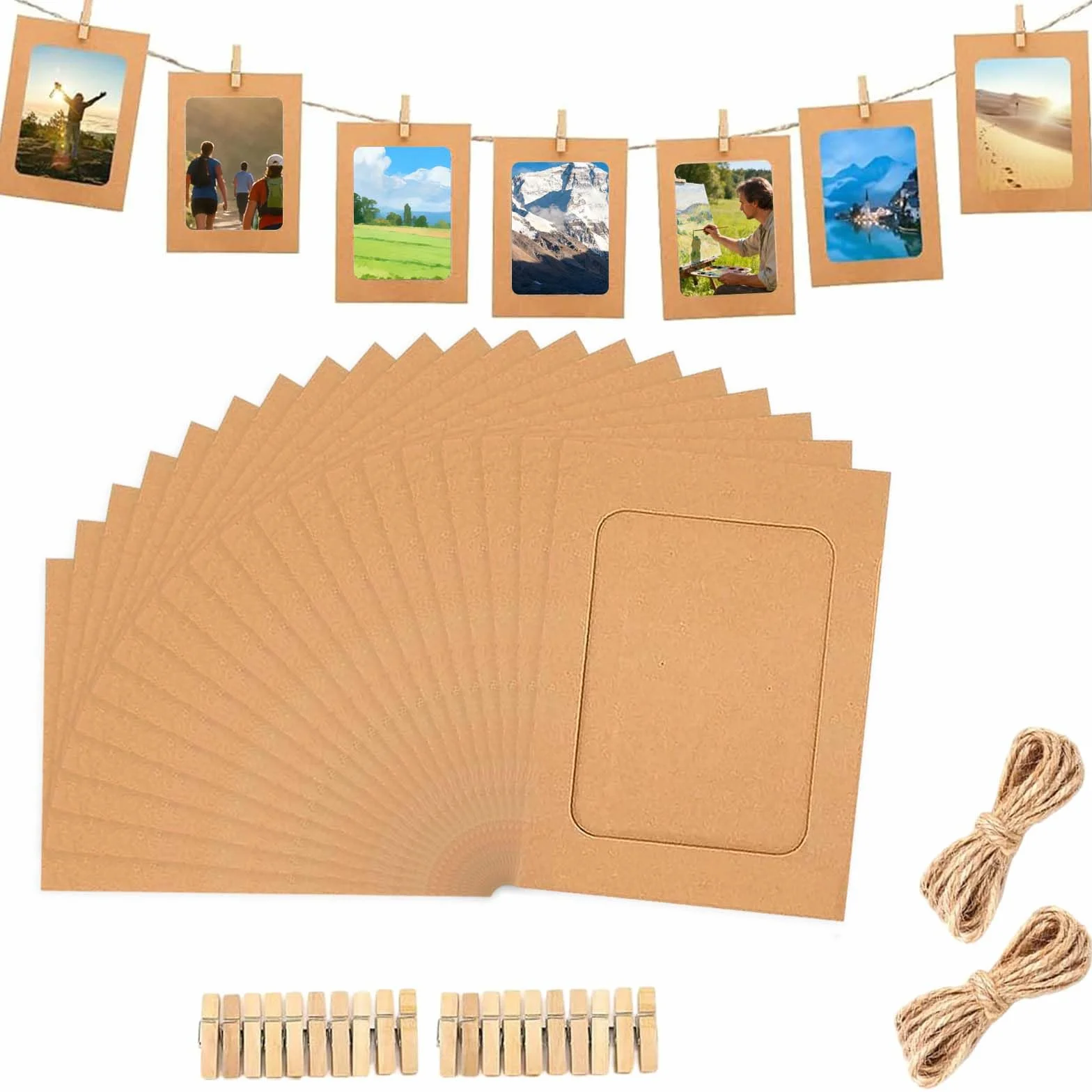 Ściana ze zdjęciami, 20 sztuk papierowych ramek na zdjęcia 10 x 15 cm z klipsami, girlanda na zdjęcia i wisząca girlanda fotograficzna, zasłona do zdjęć, dekoracja na wesele, przyjęcie, do