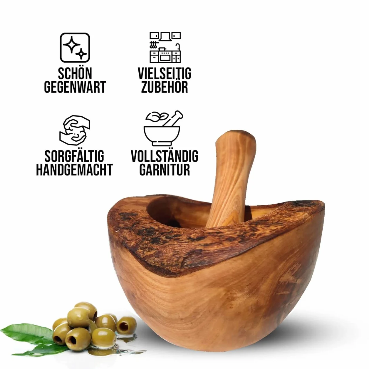 Moździerz z tłuczkiem z drewna oliwkowego ręcznie robiony naturalna krawędź kuchenny ziołowy przyprawowy Ø 12 cm