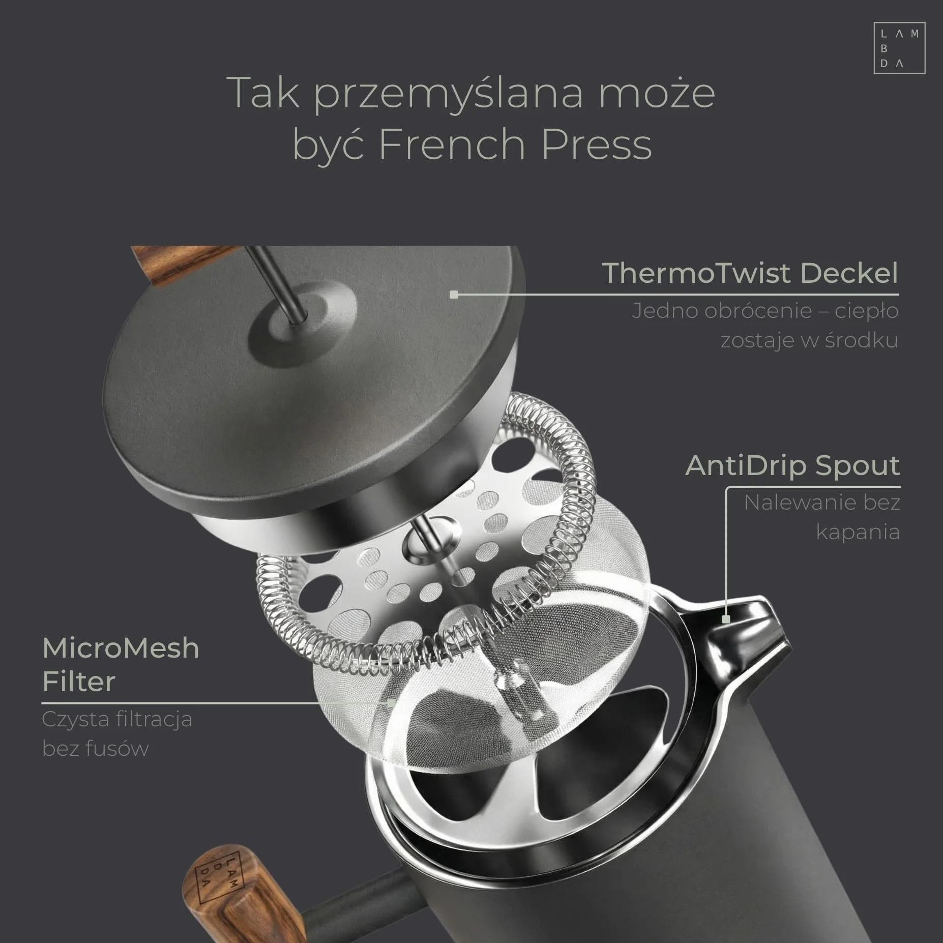 LAMBDA COFFEE® CALDERA Thermo French Press stal nierdzewna 0,6L podwójne ścianki czarny