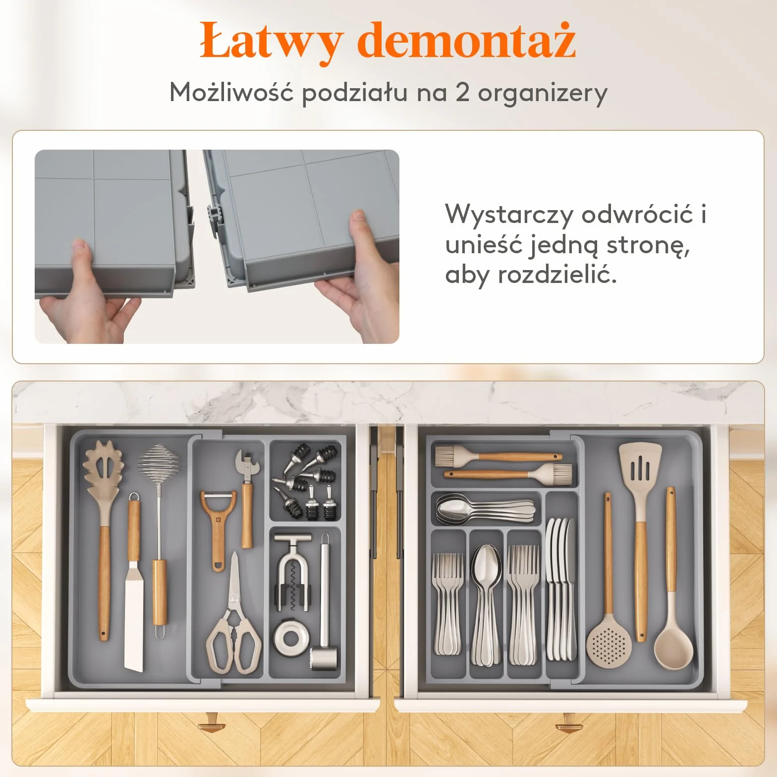 Lifewit Duży Organizator Szuflad Srebrnych, Plastikowa Taca na Naczynia do Kuchni, Rozszerzalna od 45.1cm do 91.4cm, Regulowana Płaska Łyżka na Nóż Widelcowy Uchwyt na Gadżety, Szary