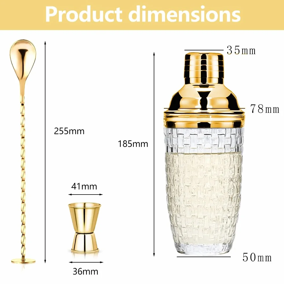 Szklany shaker do koktajli 400 ml 3 sztuki szczelny mikser z pokrywką ze stali nierdzewnej złoty