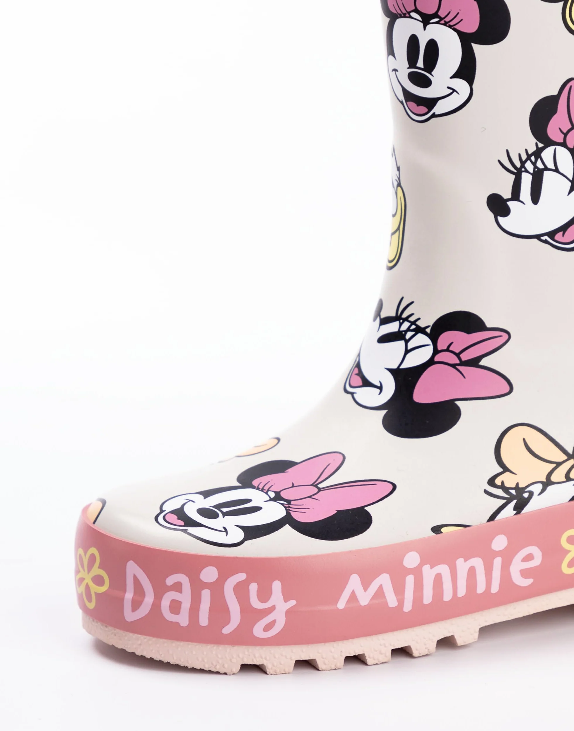 Disney Dziewczynki kalosze z myszką Minnie | Dziecięce kalosze z uchwytem Minnie i Daisy z nadrukiem na całej powierzchni w kolorze beżowym i różowym, wodoodporne, łatwe do wciągania gumowe buty dla