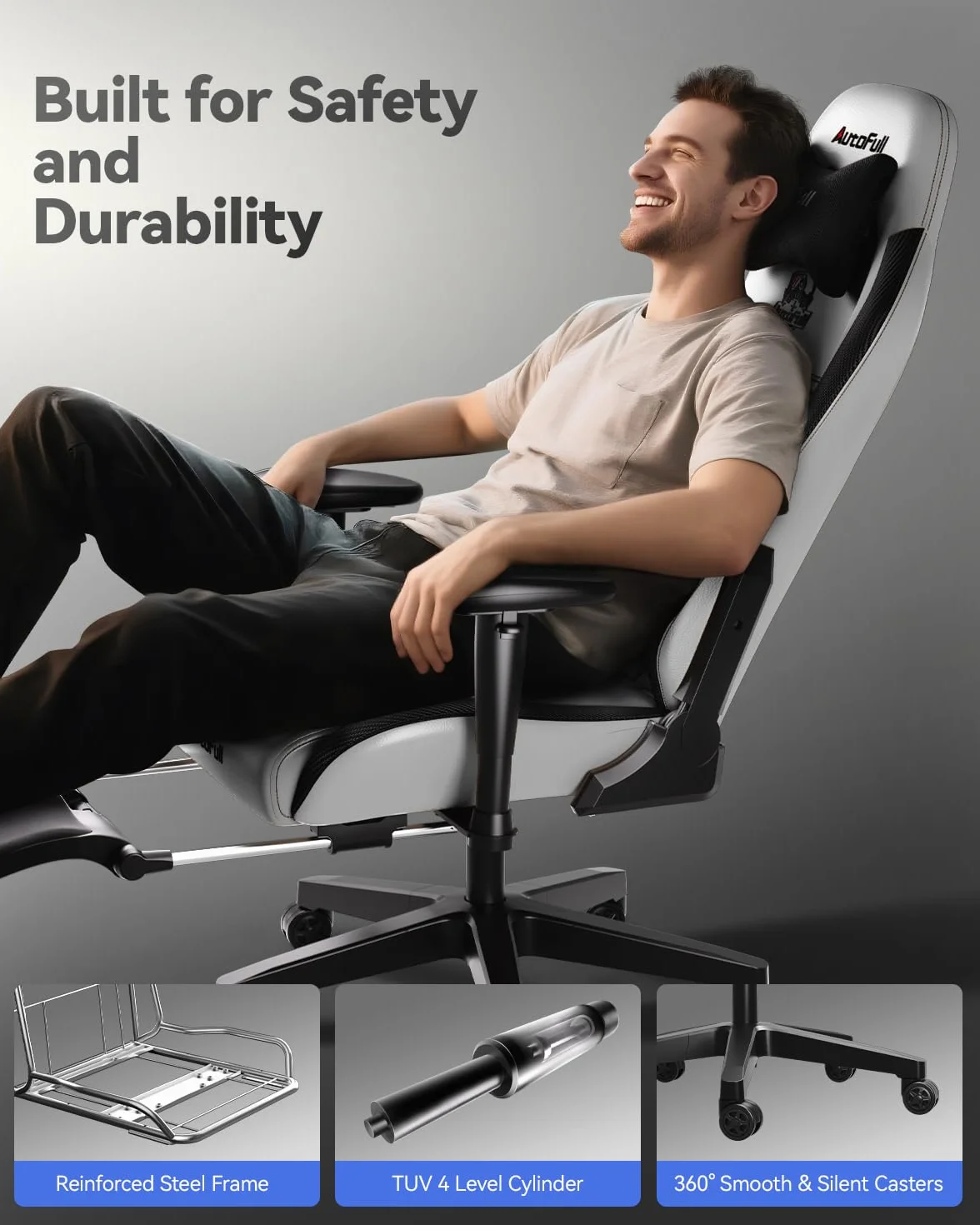 AutoFull C3 Ergonomiczny fotel biurowy z podparciem lędźwiowym 3D, skóra poliuretanowa, szary