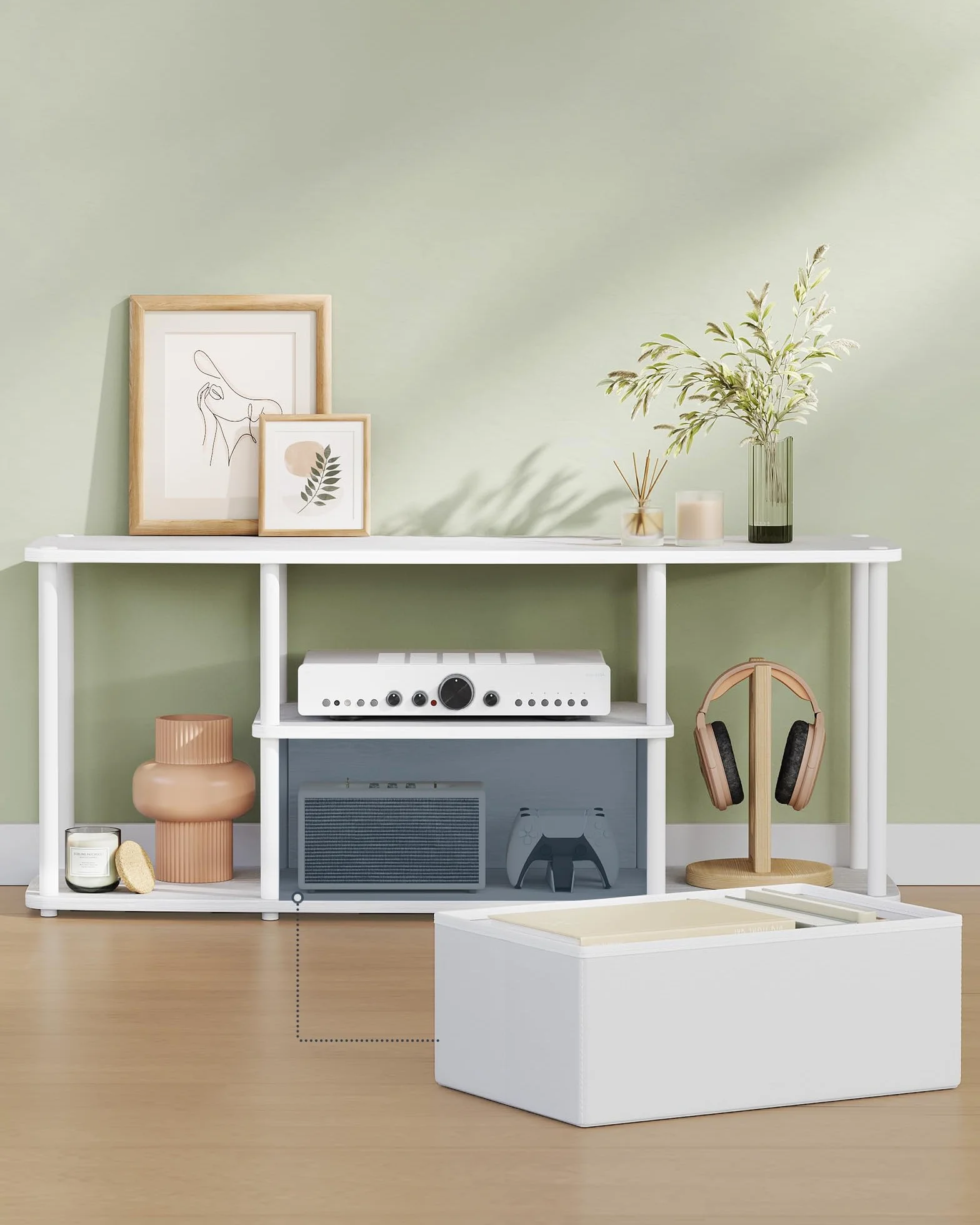 SONGMICS HOME Superszybki montaż bez użycia narzędzi, szafka pod telewizor do 50 cali, stolik RTV, niski kredens, salon, 110 x 35 x 46 cm, półka, śnieżnobiały – matowy biały LTV500W01
