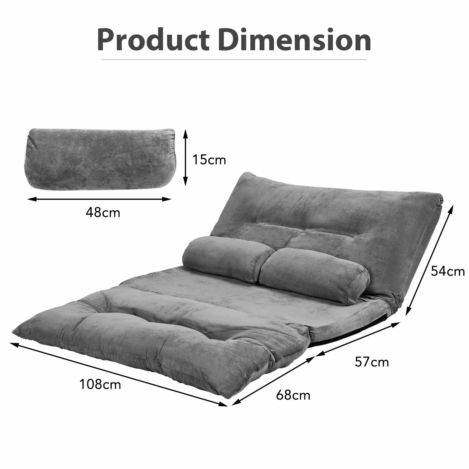 LIFEZEAL Sofa do spania 2-osobowa, składana sofa podłogowa, fotel podłogowy, regulowany w 6 pozycjach, poduszka do siedzenia z 2 poduszkami lędźwiowymi, do 150 kg, składana sofa do salonu (kolor szary