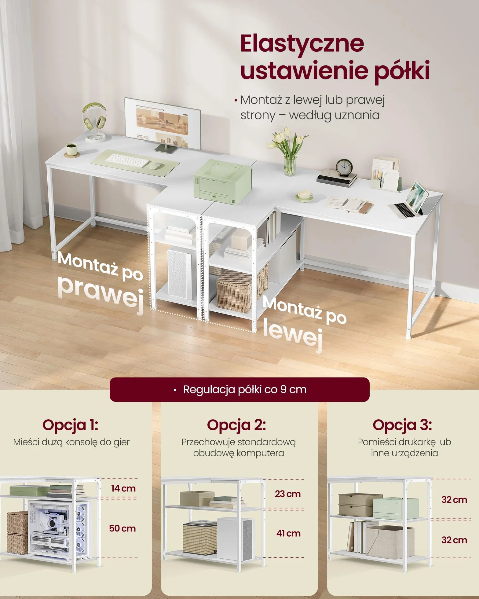 VASAGLE Biurko narożne w kształcie litery L 110 x 80 cm klon biały LWD135WF01