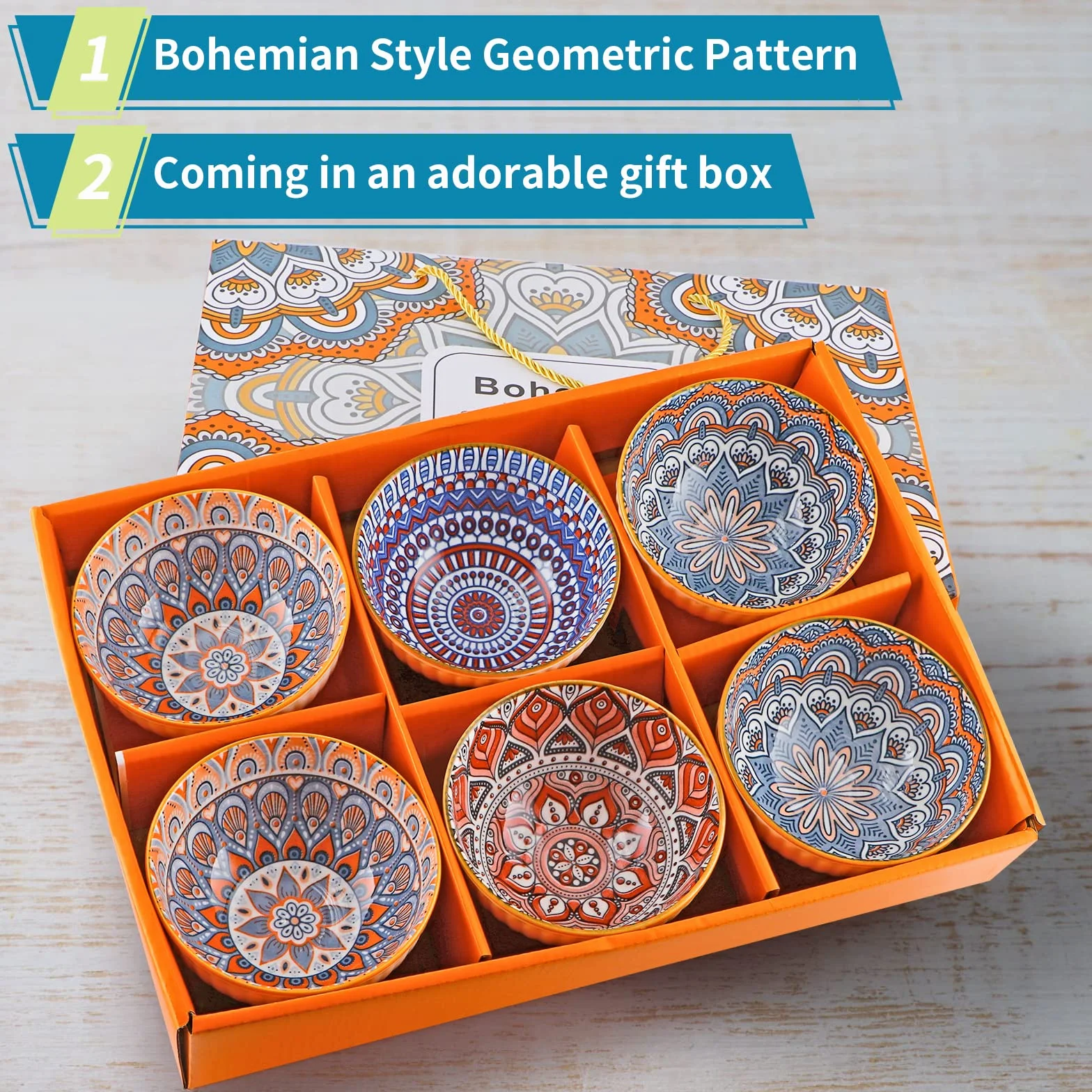 Skelang 6-częściowy zestaw porcelanowych misek 300 ml boho geometryczny wzór