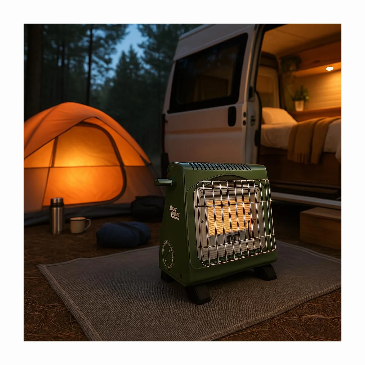 Alpen Camping - przenośny grzejnik gazowy zielony khaki 1700 W piezo, uchylne ogrzewanie dodatkowe, zabezpieczenie termoparą