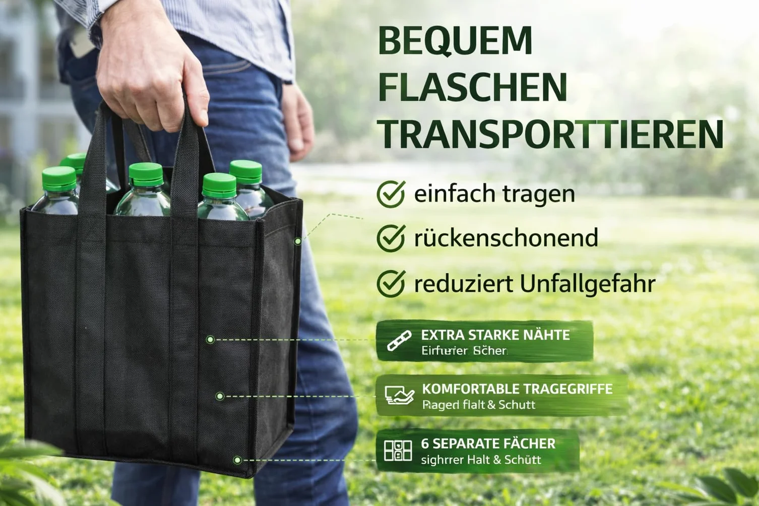 ReWu Torba na 6 Butelek 1,5L Kosz Wielokrotnego Użytku z Przegródkami Uchwyt Tworzywo Sztuczne 28x17