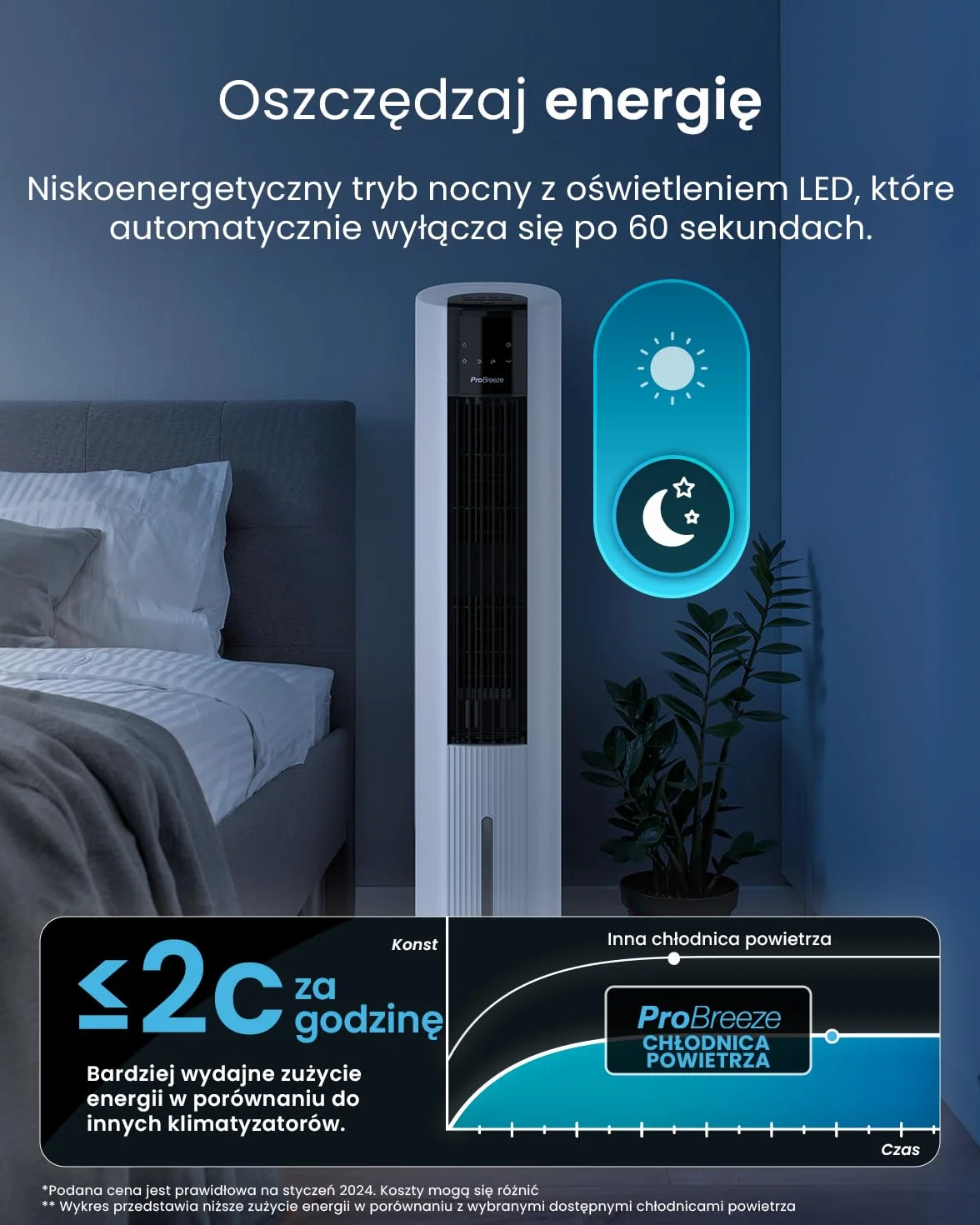 Pro Breeze OmniAir 7L 4w1 przenośny wentylator wieżowy z nawilżaczem, pilotem, oscylacją, 10-godzinnym timerem i trybem uśpienia