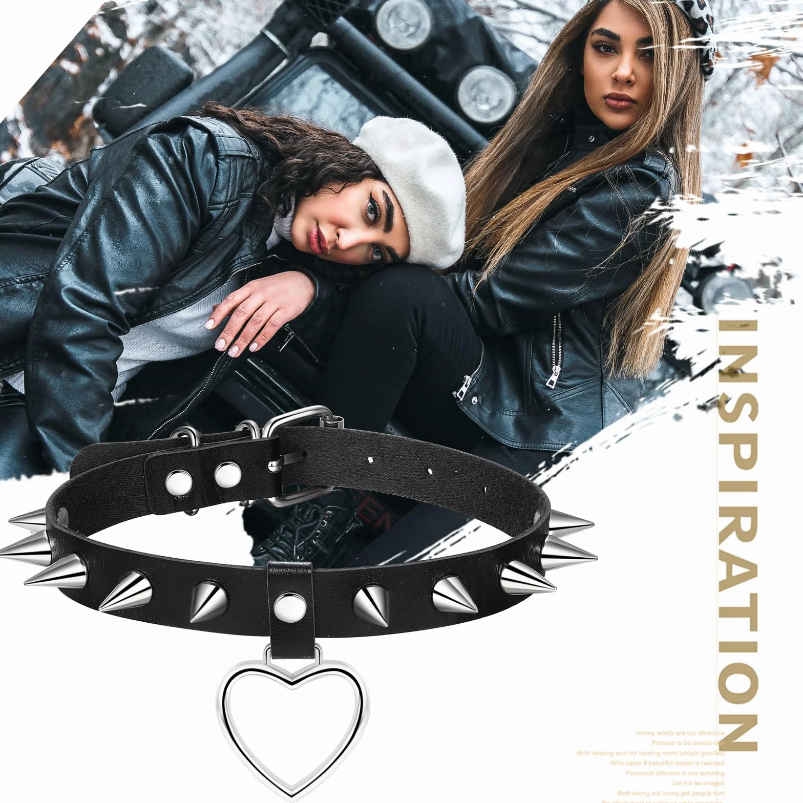Flongo Gotycki Punk Choker Naszyjniki ze Skóry PU dla Kobiet i Mężczyzn - Czarny Kołnierz Choker z Sercem, Nitami i Kolcami w Stylu Rock na Halloween, Cosplay i Imprezy Kostiumowe