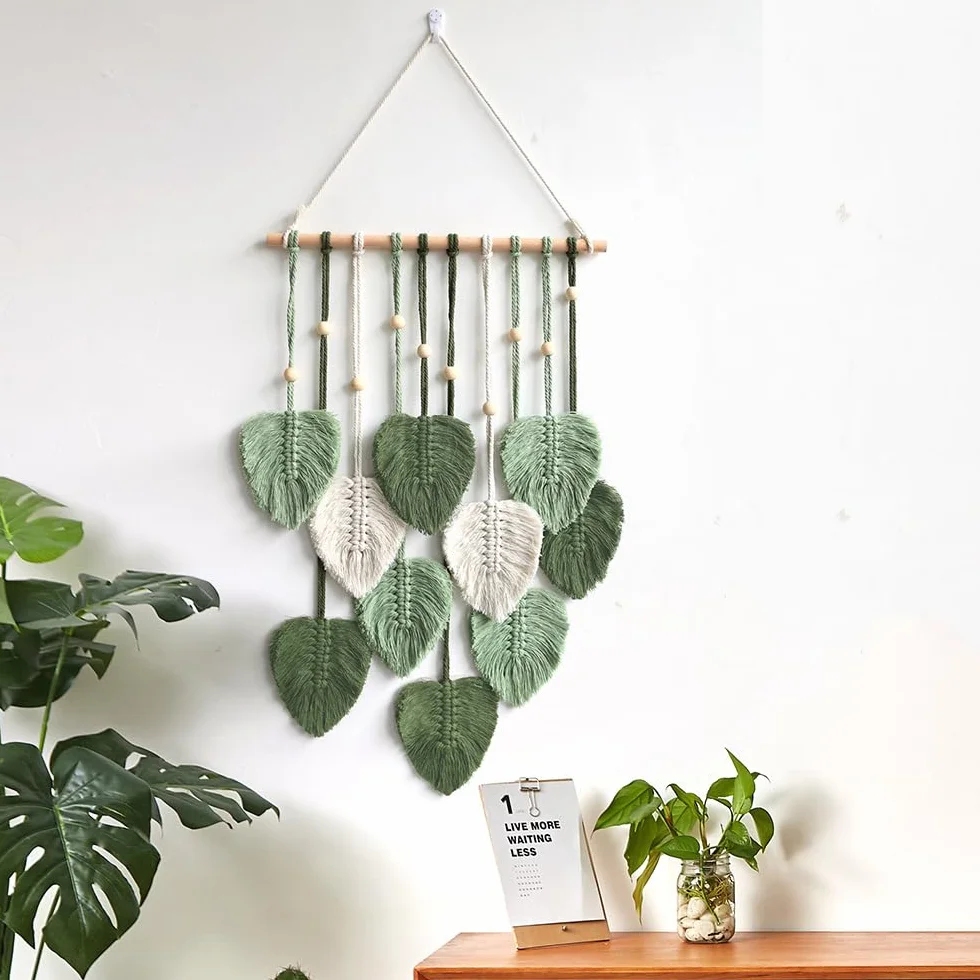 Comius Sharp Macrame Wall Hanging Boho Decor, Leaf Tapestry, Woven Tassels, 40 x 90 cm, Zielony